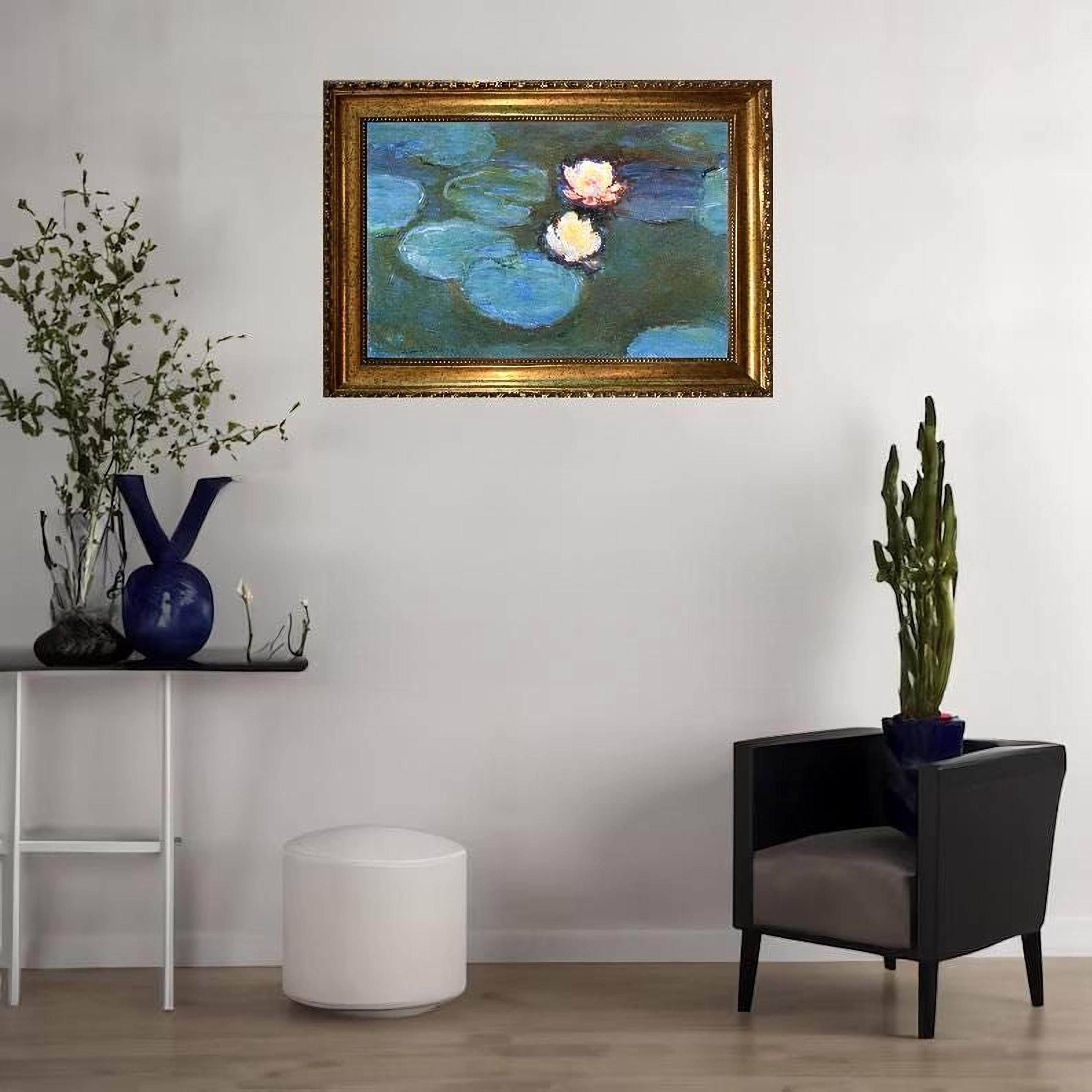 Monet Water Lillie (1897) Canvas Print: Brush Strokes, Golden Vintage Frame FOSHE ART