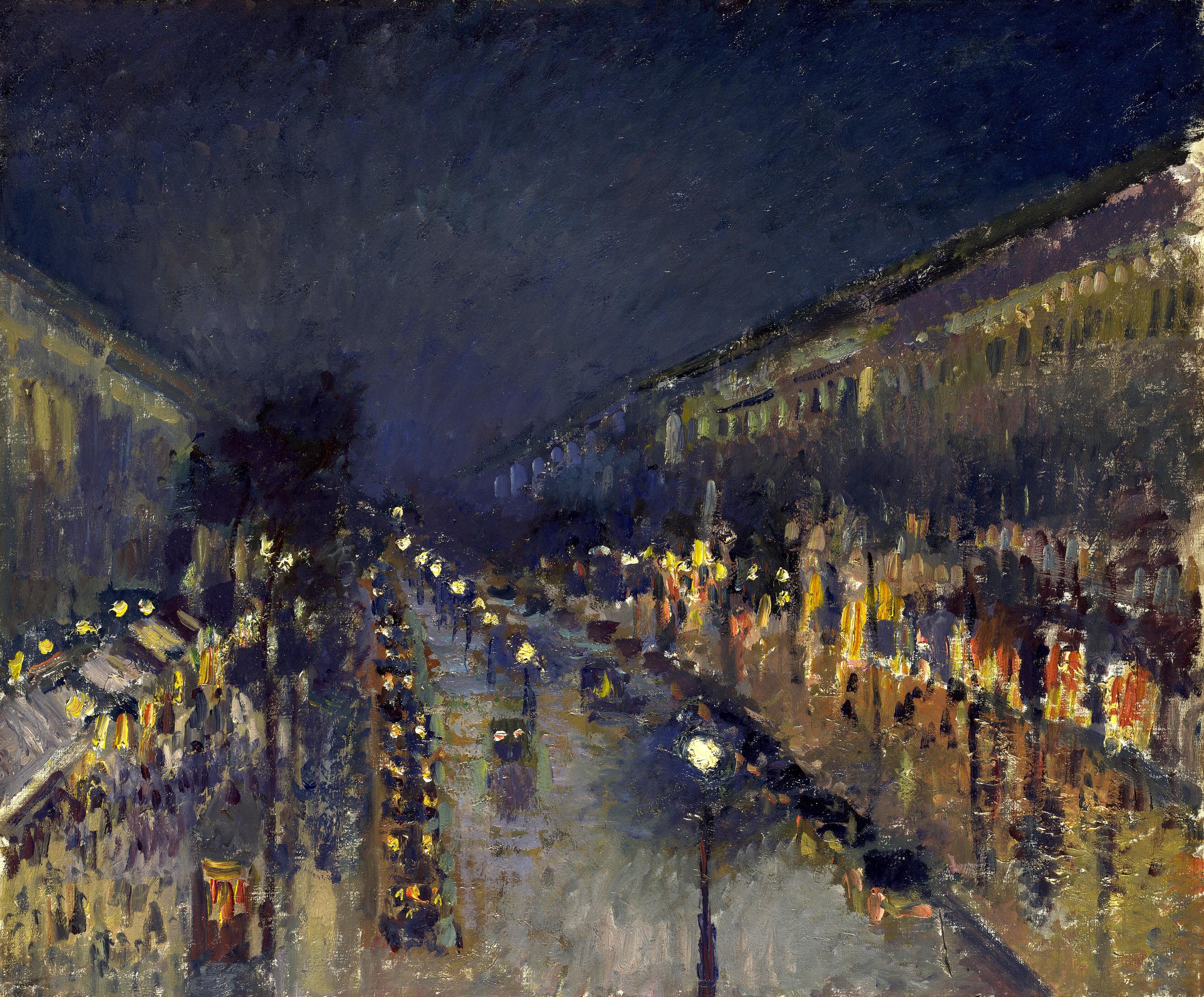 Boulevard Montmartre Wall Art: Pissarro Night Scene Print (Vintage Frame) FOSHE ART