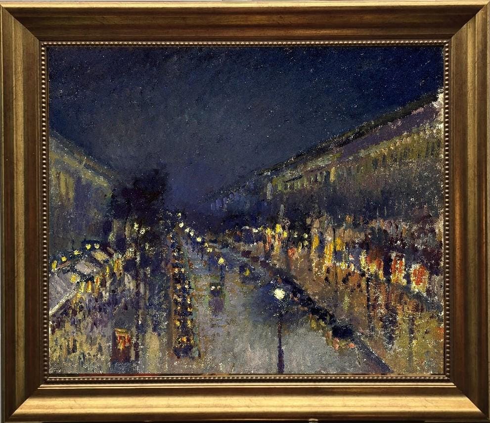 Boulevard Montmartre Wall Art: Pissarro Night Scene Print (Vintage Frame) FOSHE ART