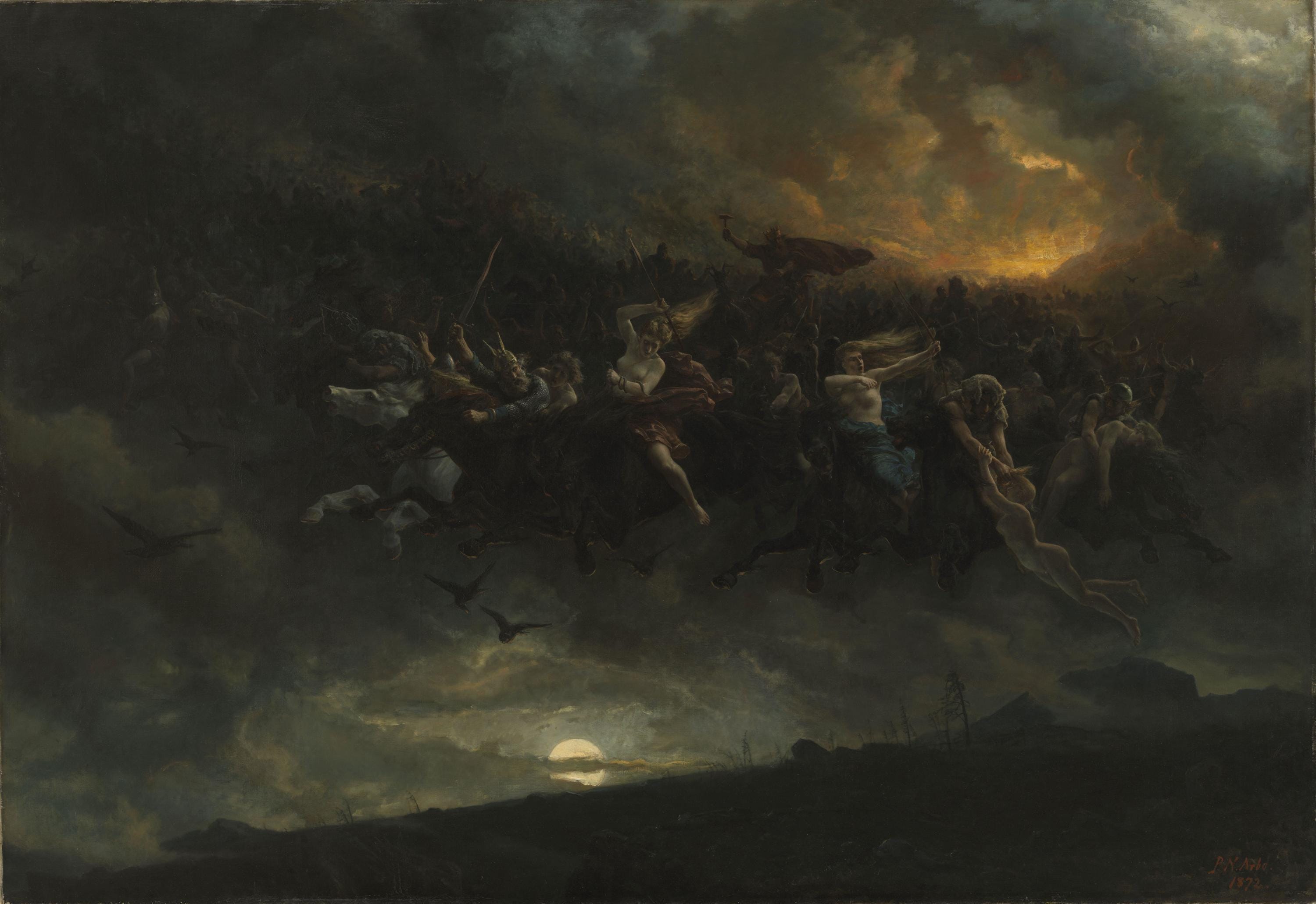 The Wild Hunt of Odin Canvas Print, Vintage Golden Frame, Textured Brushstrokes FOSHE ART