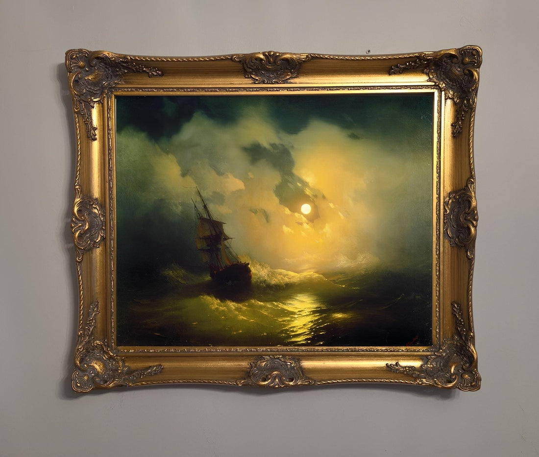 Stormy Sea Painting: Vintage Gold Frame Wall Art FOSHE ART