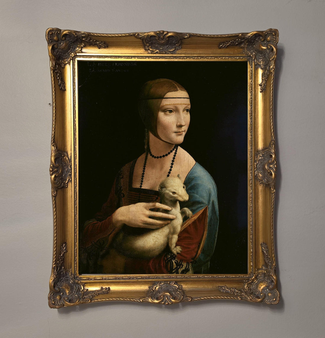 Lady with an Ermine Leonardo Da Vinci Canvas (Vintage gold frame) FOSHE ART
