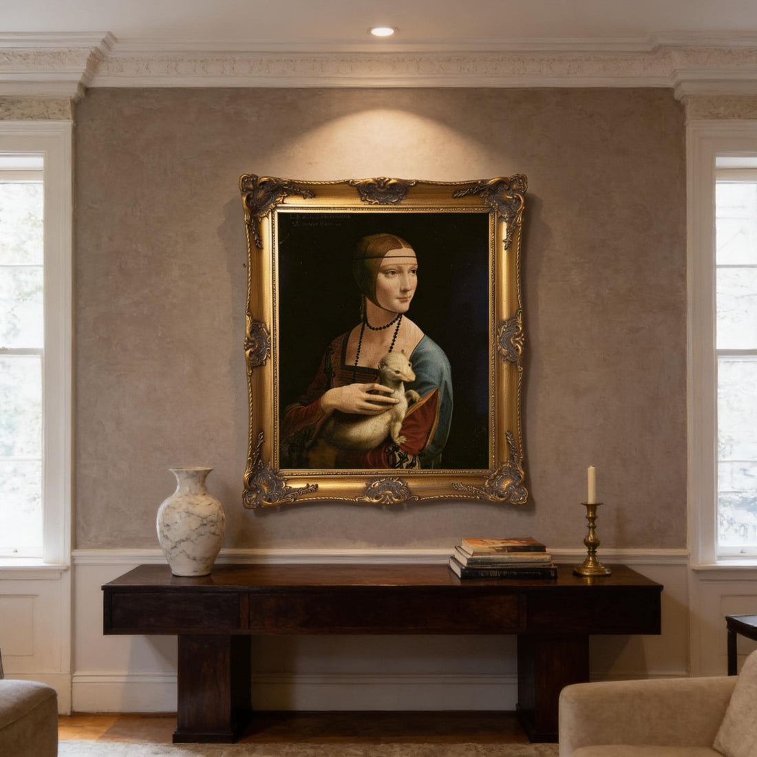 Lady with an Ermine Leonardo Da Vinci Canvas (Vintage gold frame) FOSHE ART