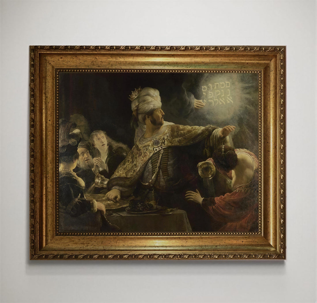 Rembrandt Belshazzar Fest Art Print, Vintage Golden Frame and Brush Strokes FOSHE ART