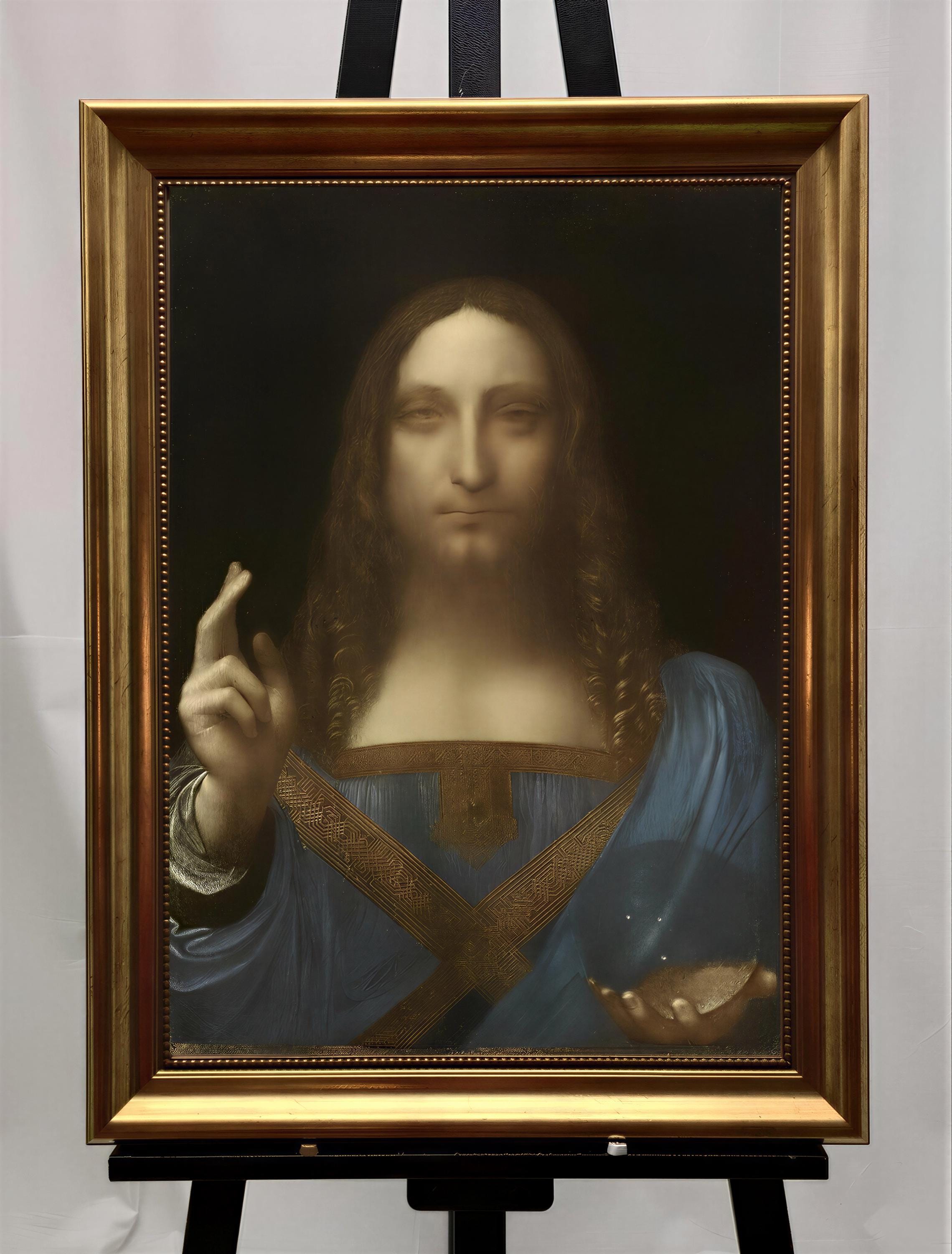 Salvator Mundi Painting Print: Religious Canvas Art (Framed, Hand-Brushed) FOSHE ART