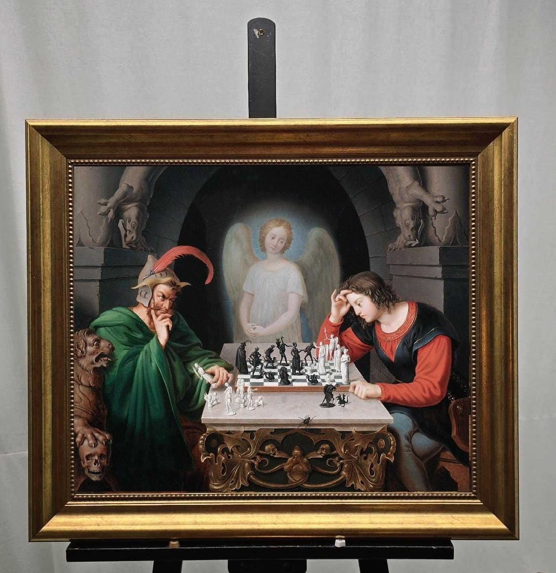 Checkmate painting by Moritz Retzsch (1831), Canvas Print with Brush Strokes, Vintage Golden Frame FOSHE ART