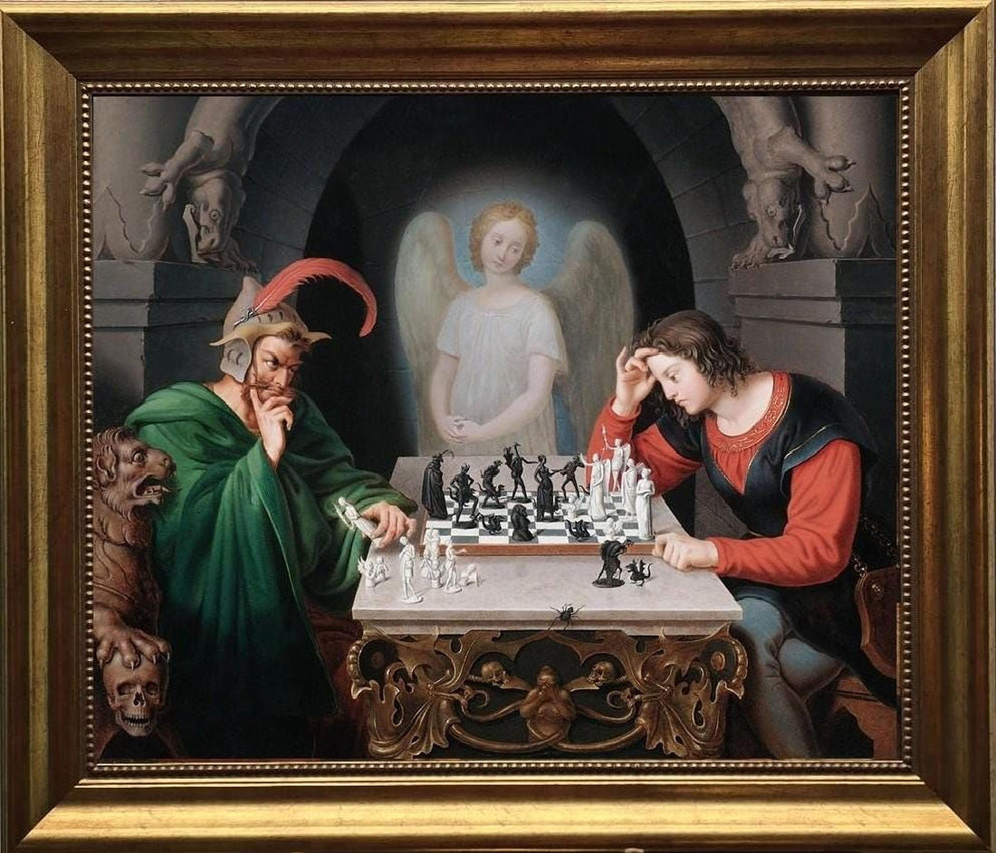 Checkmate painting by Moritz Retzsch (1831), Canvas Print with Brush Strokes, Vintage Golden Frame FOSHE ART