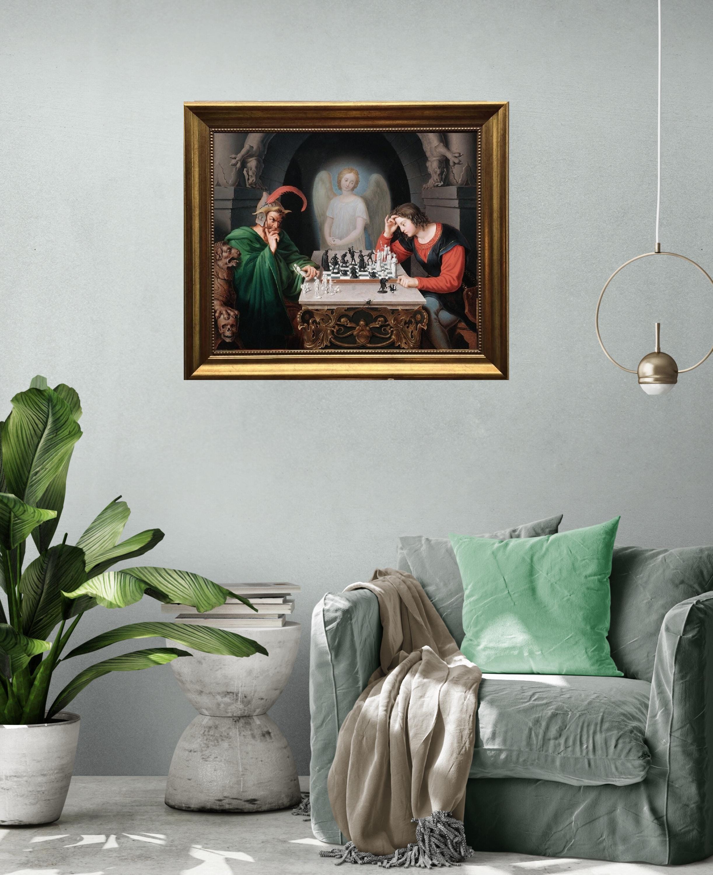Checkmate painting by Moritz Retzsch (1831), Canvas Print with Brush Strokes, Vintage Golden Frame FOSHE ART
