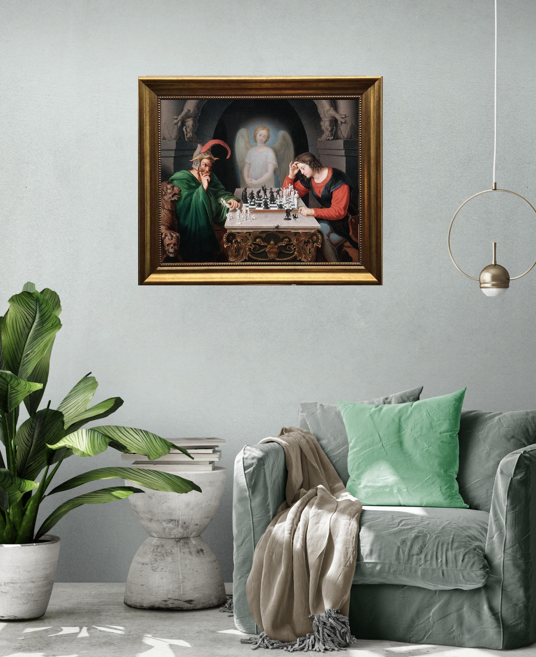 Checkmate painting by Moritz Retzsch (1831), Canvas Print with Brush Strokes, Vintage Golden Frame FOSHE ART