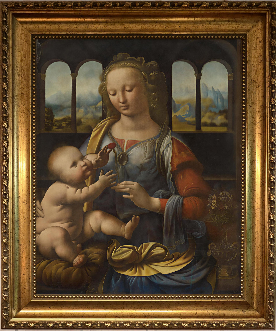Madonna of the Carnation Painting Print: Religious Canvas Art (Framed, Hand-Brushed) FOSHE ART