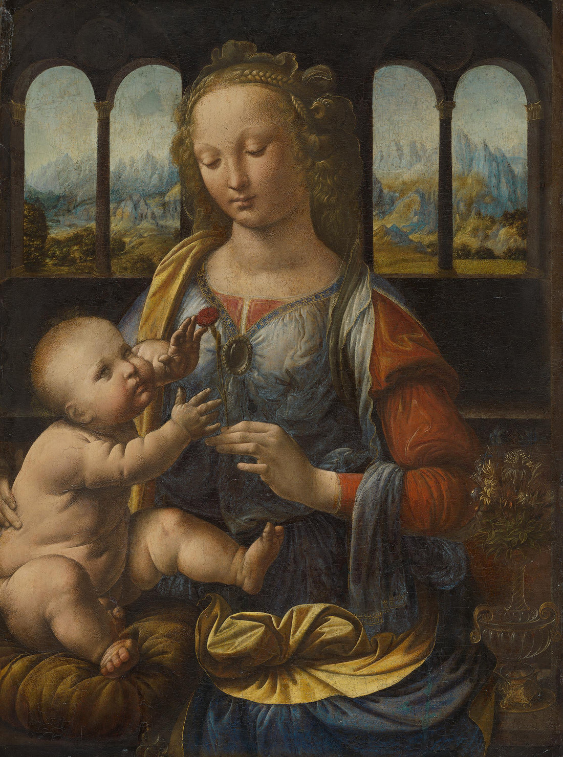Madonna of the Carnation Painting Print: Religious Canvas Art (Framed, Hand-Brushed) FOSHE ART