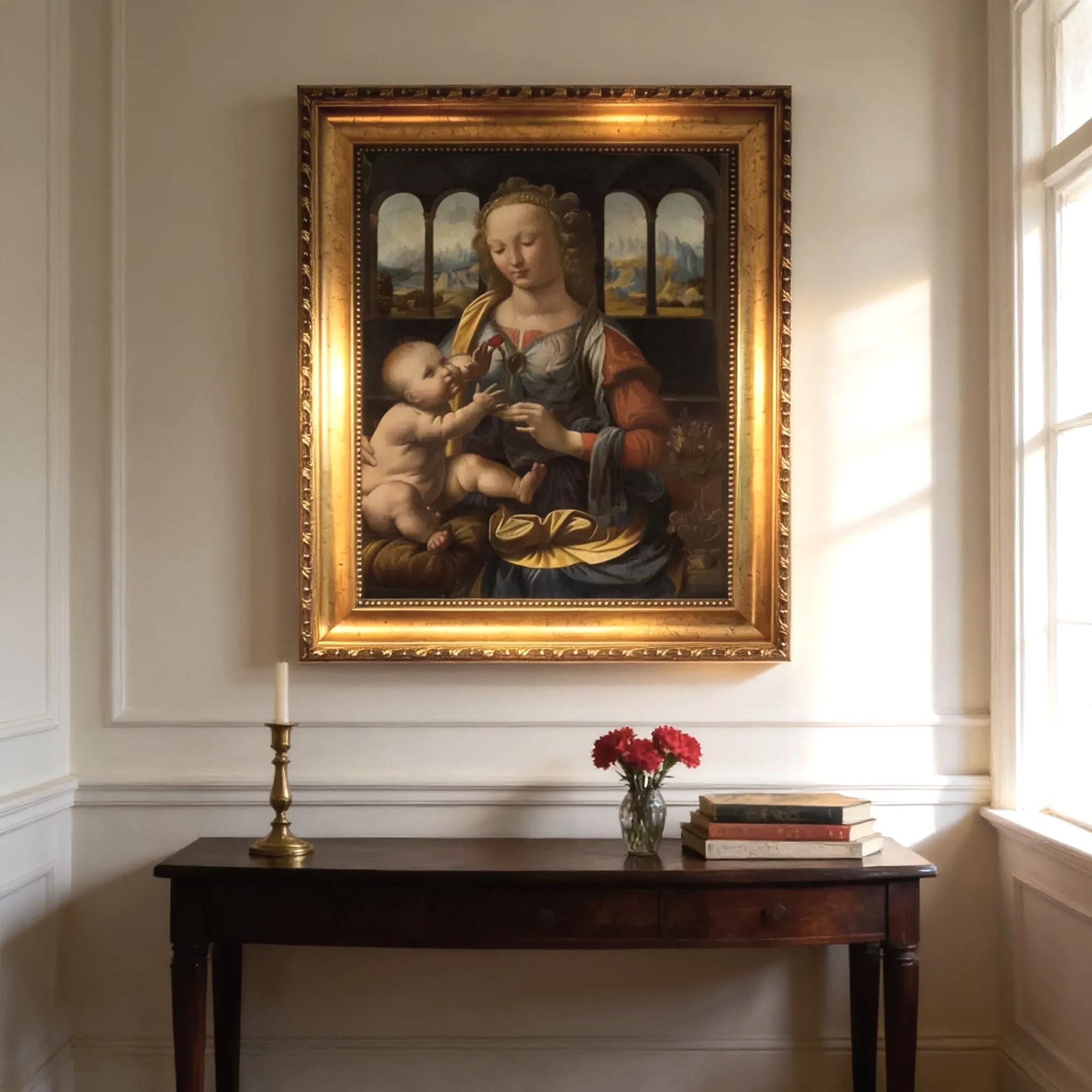 Madonna of the Carnation Painting Print: Religious Canvas Art (Framed, Hand-Brushed) FOSHE ART