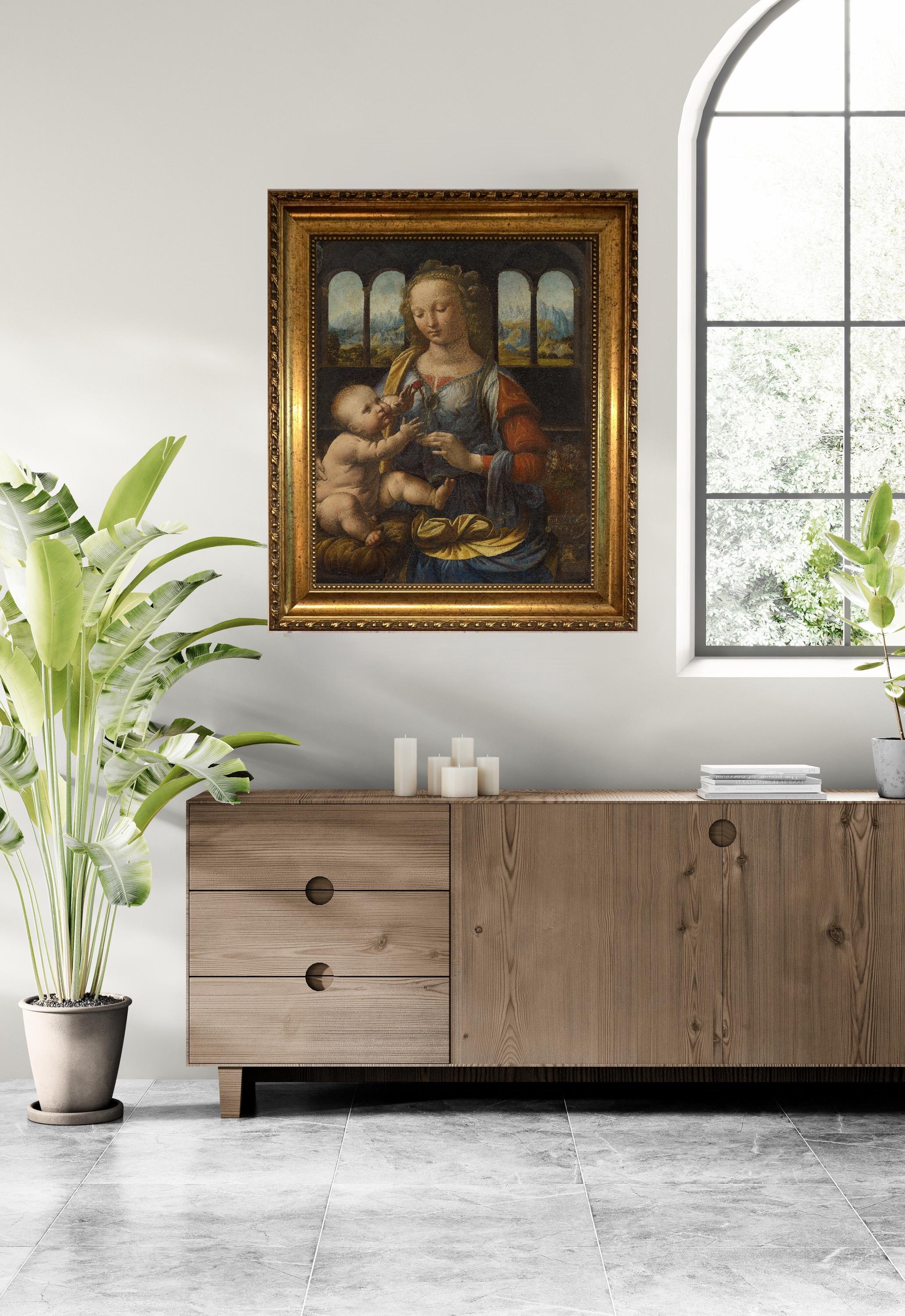 Madonna of the Carnation Painting Print: Religious Canvas Art (Framed, Hand-Brushed) FOSHE ART