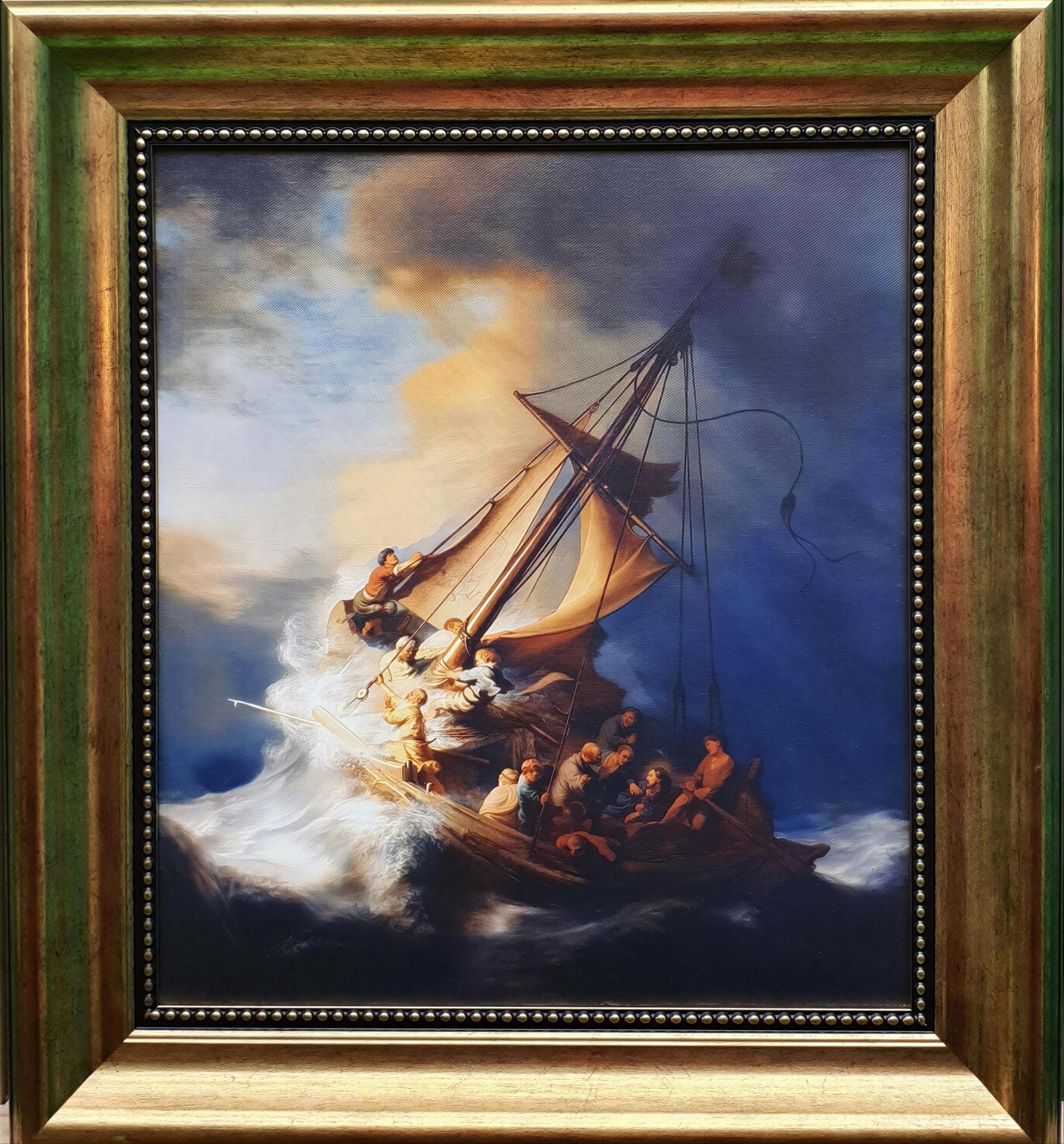 Rembrandt Christ in the Storm Canvas Print with Brush Strokes, Vintage Golden Frame FOSHE ART
