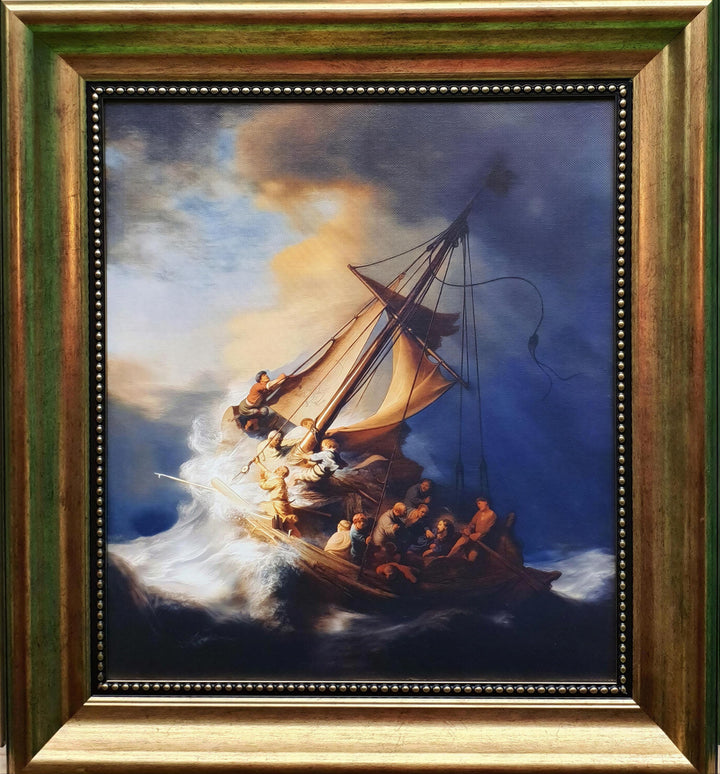 Rembrandt Christ in the Storm Canvas Print with Brush Strokes, Vintage Golden Frame FOSHE ART