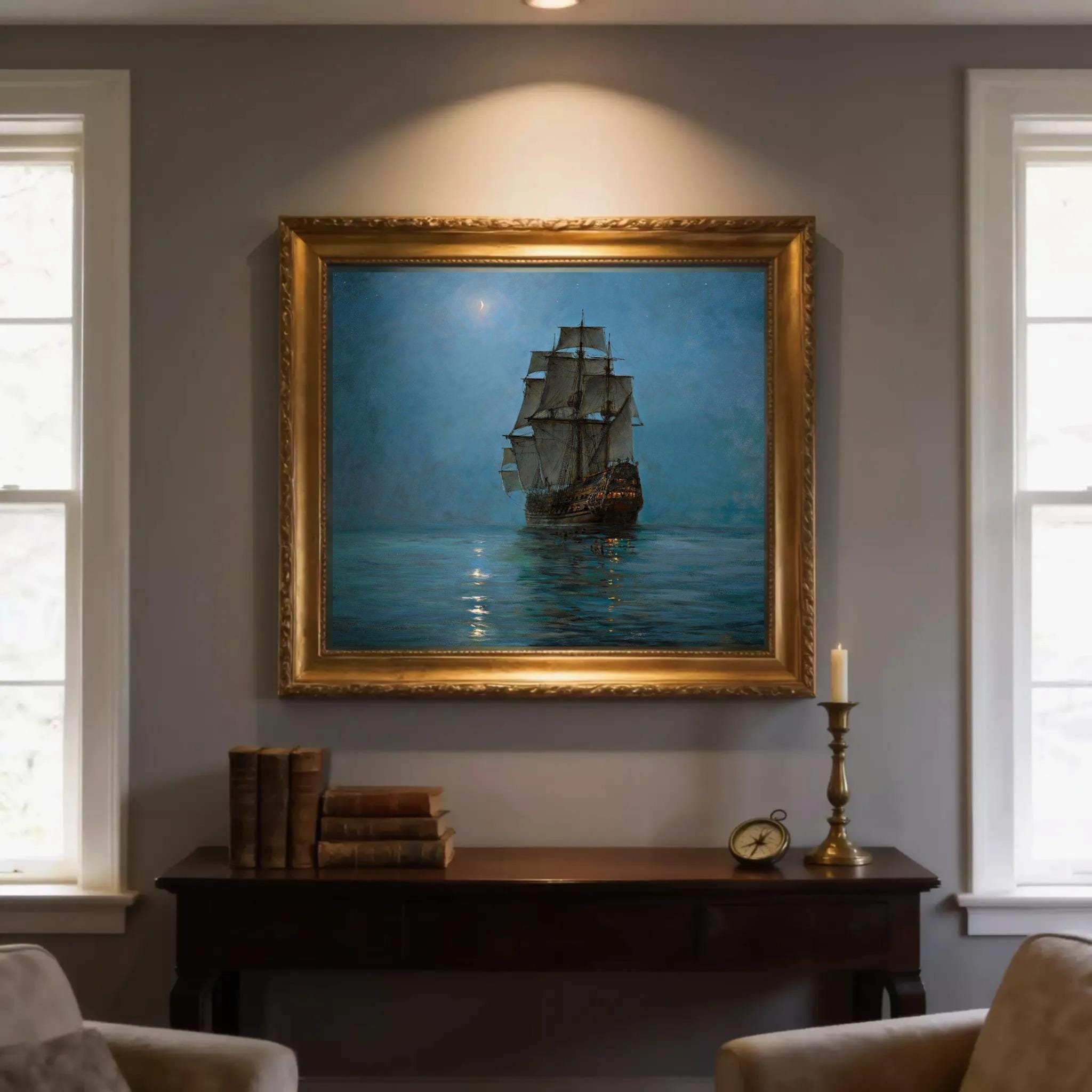 Montague Dawson Ship Painting: Crescent Moon Canvas Print with Vintage Gold Frame FOSHE ART