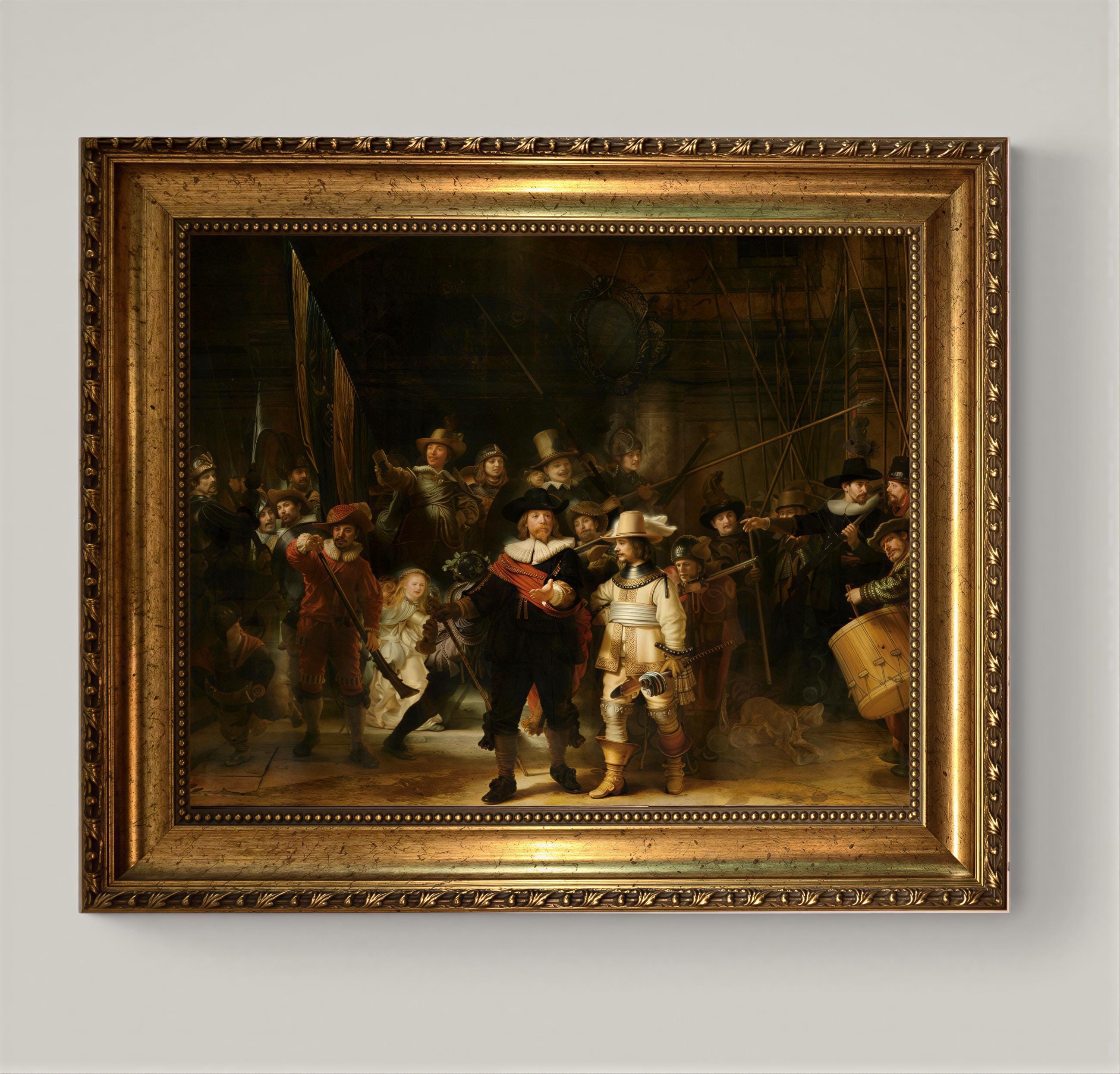 Rembrandt's The Night Watch – 3D Hand-Finished Canvas Print, Vintage Golden Frame FOSHE ART