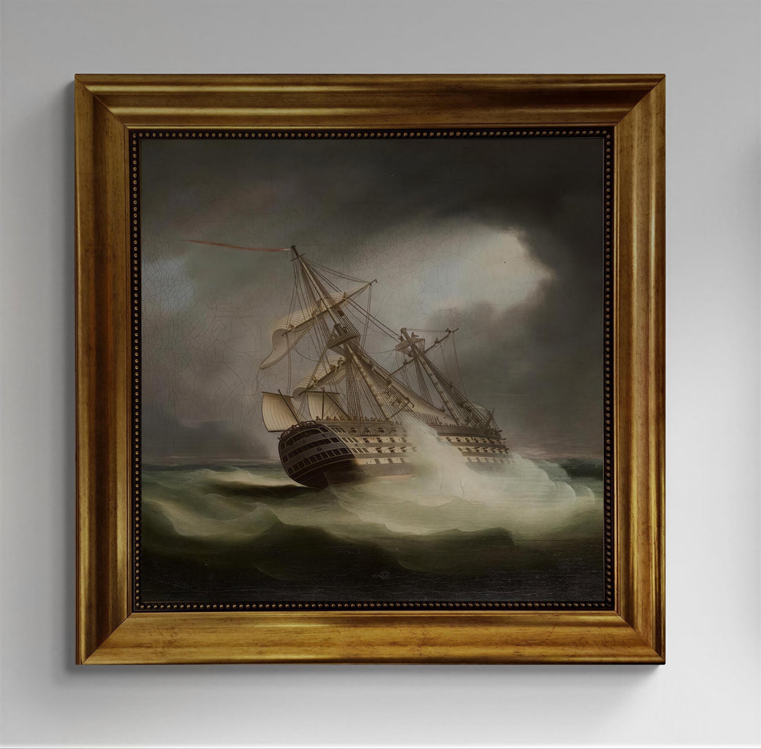 HMS Victory Canvas Print, James Buttersworth Reproduction, Golden Wooden Frame FOSHE ART