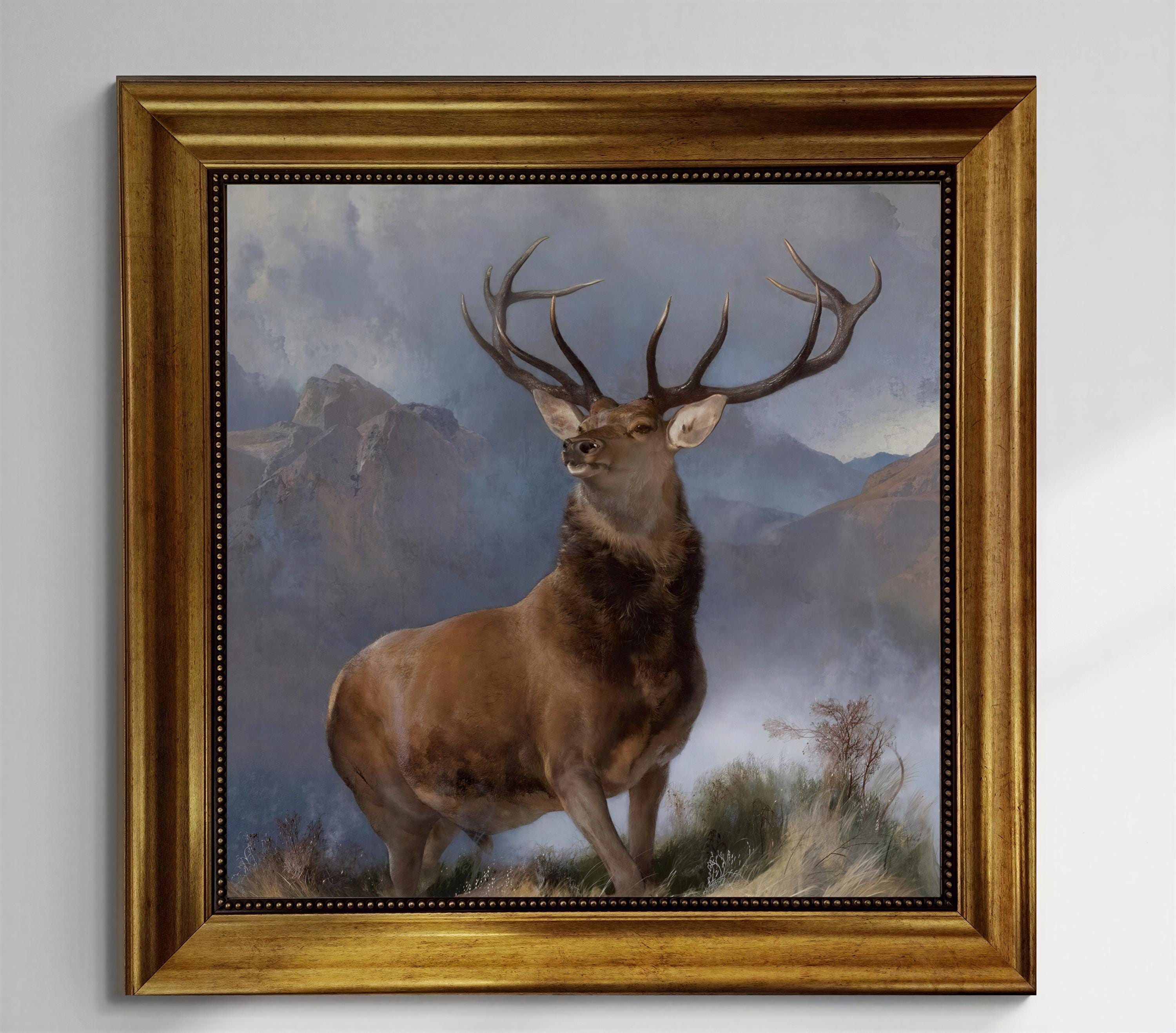 Monarch of the Glen Canvas Print - Majestic Deer in Vintage Frame and brush strokes FOSHE ART