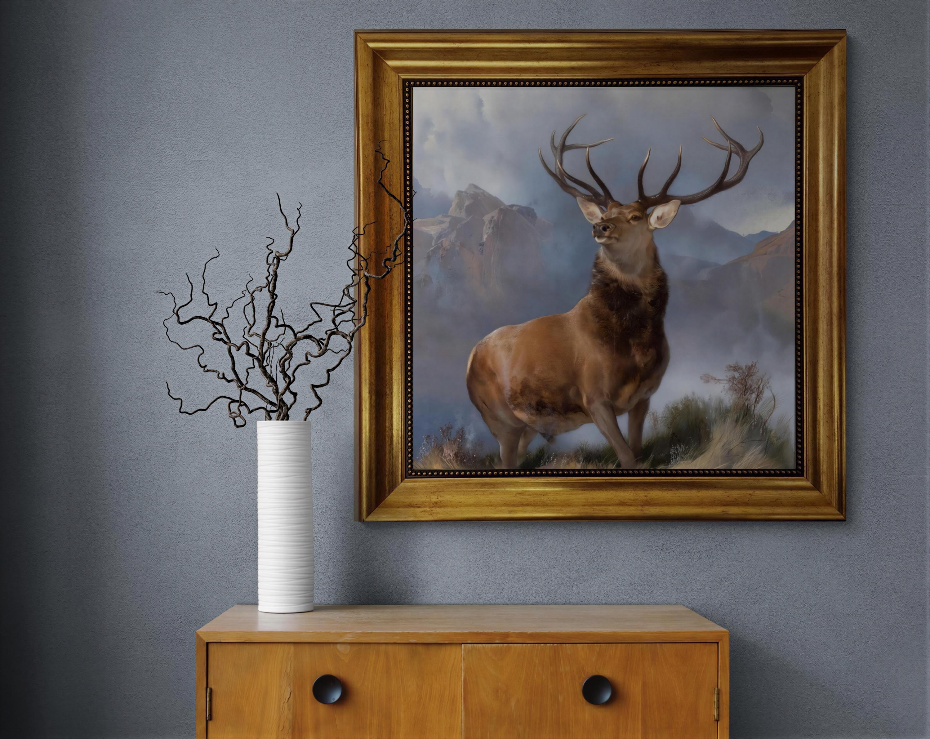 Monarch of the Glen Canvas Print - Majestic Deer in Vintage Frame and brush strokes FOSHE ART
