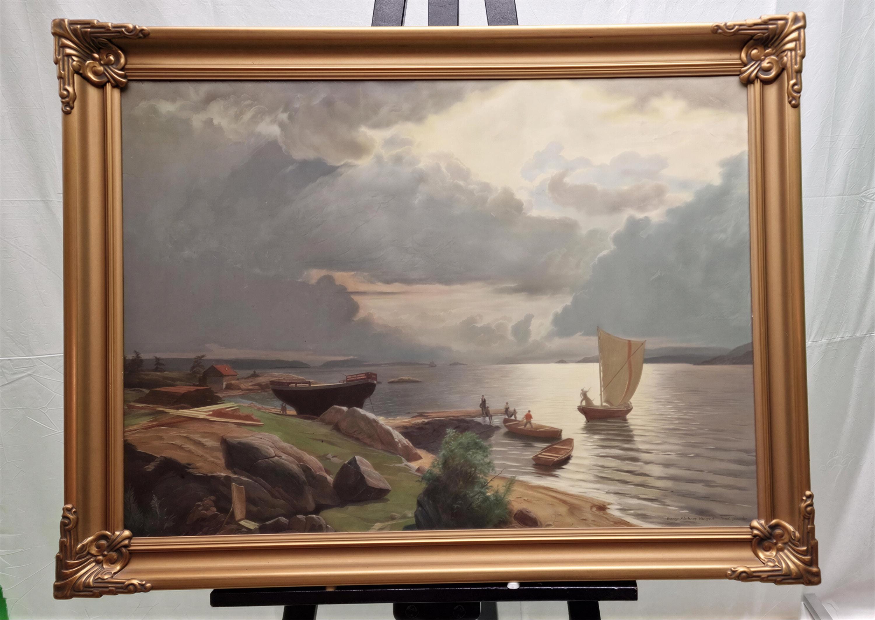 Maritime Oil Painting | "Summer Day on the Christianiafjord" in Vintage Gold Frame FOSHE ART