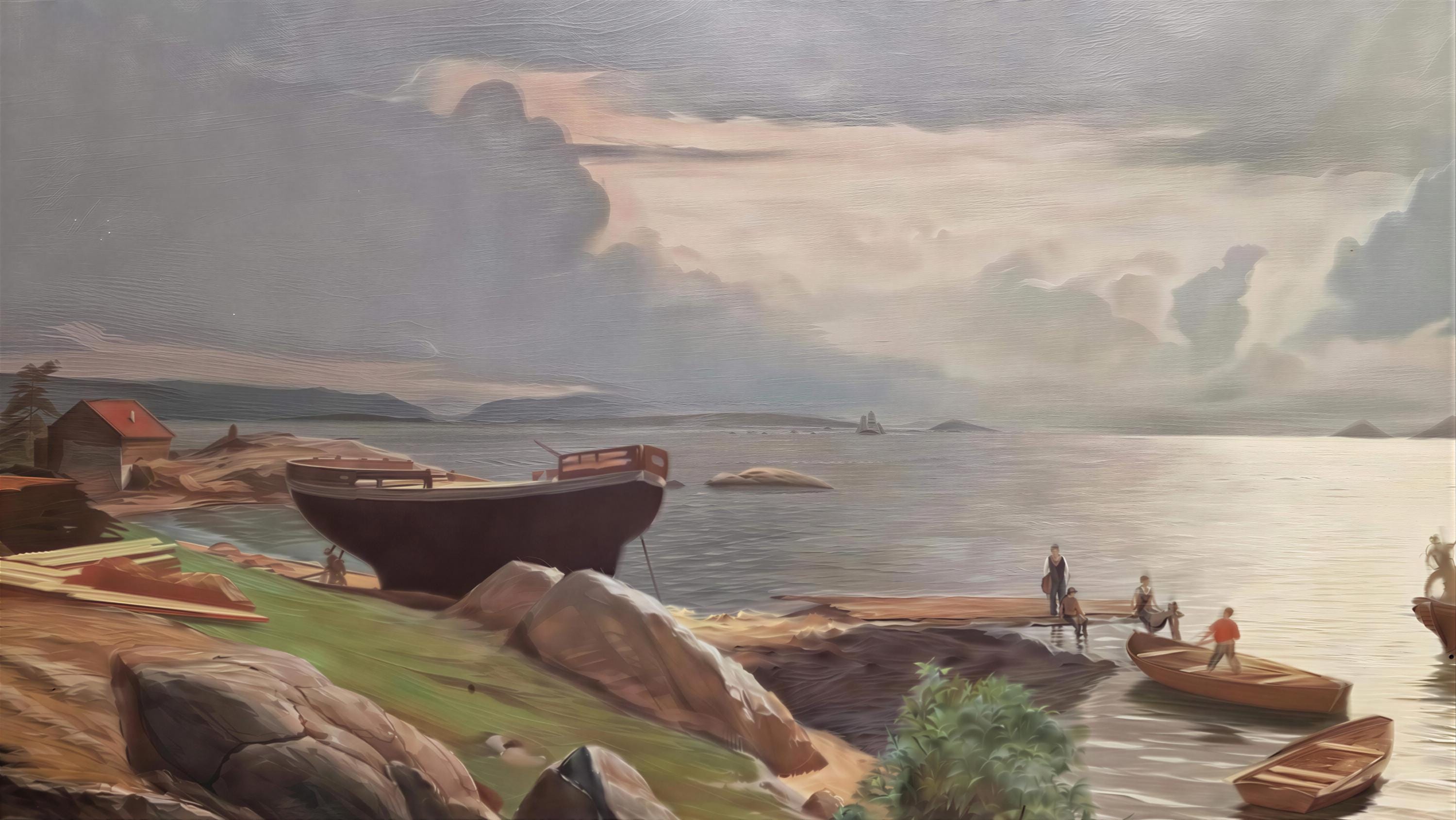 Maritime Oil Painting | "Summer Day on the Christianiafjord" in Vintage Gold Frame FOSHE ART