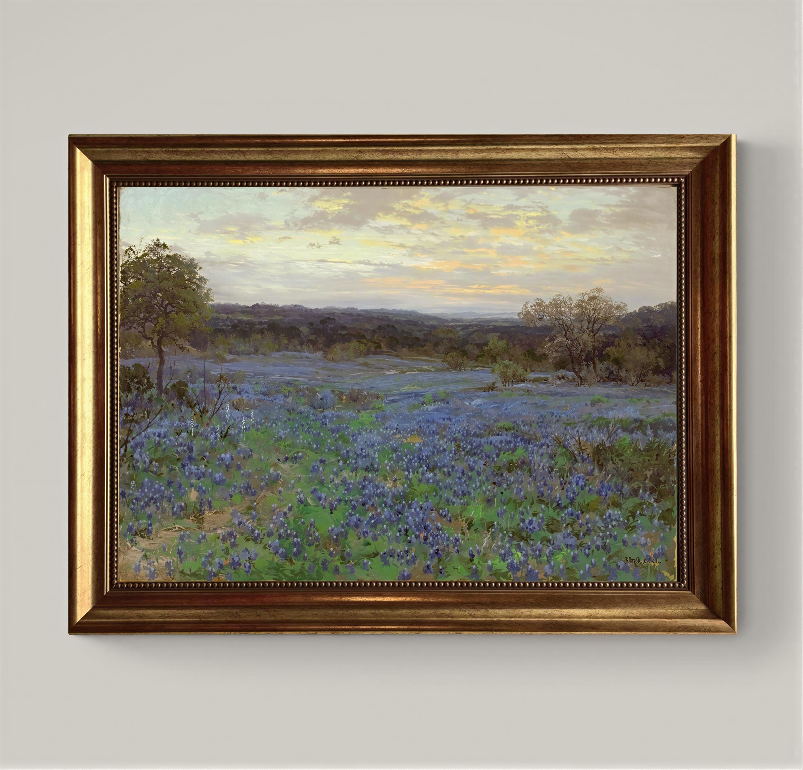 Field of bluebonnets at sunset 3D texture print on Canvas with Vintage Wooden Frame FOSHE ART