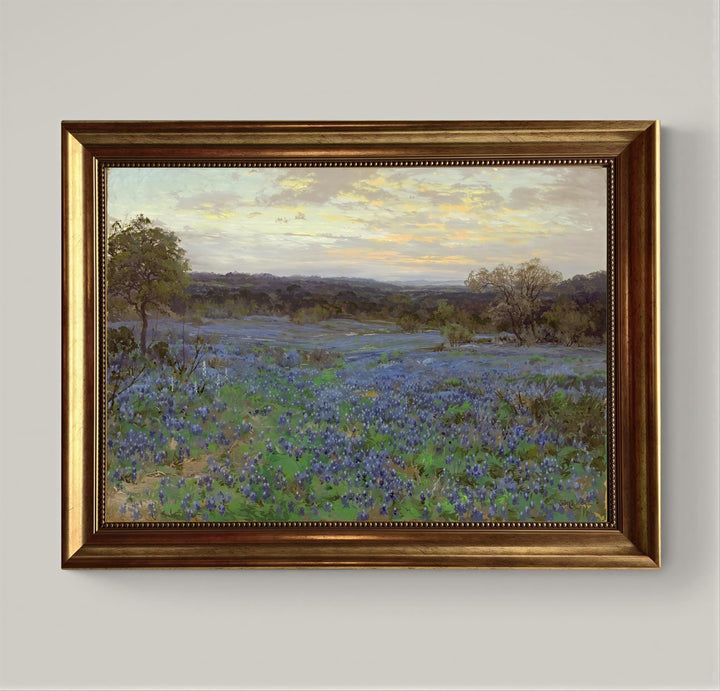Field of bluebonnets at sunset 3D texture print on Canvas with Vintage Wooden Frame FOSHE ART