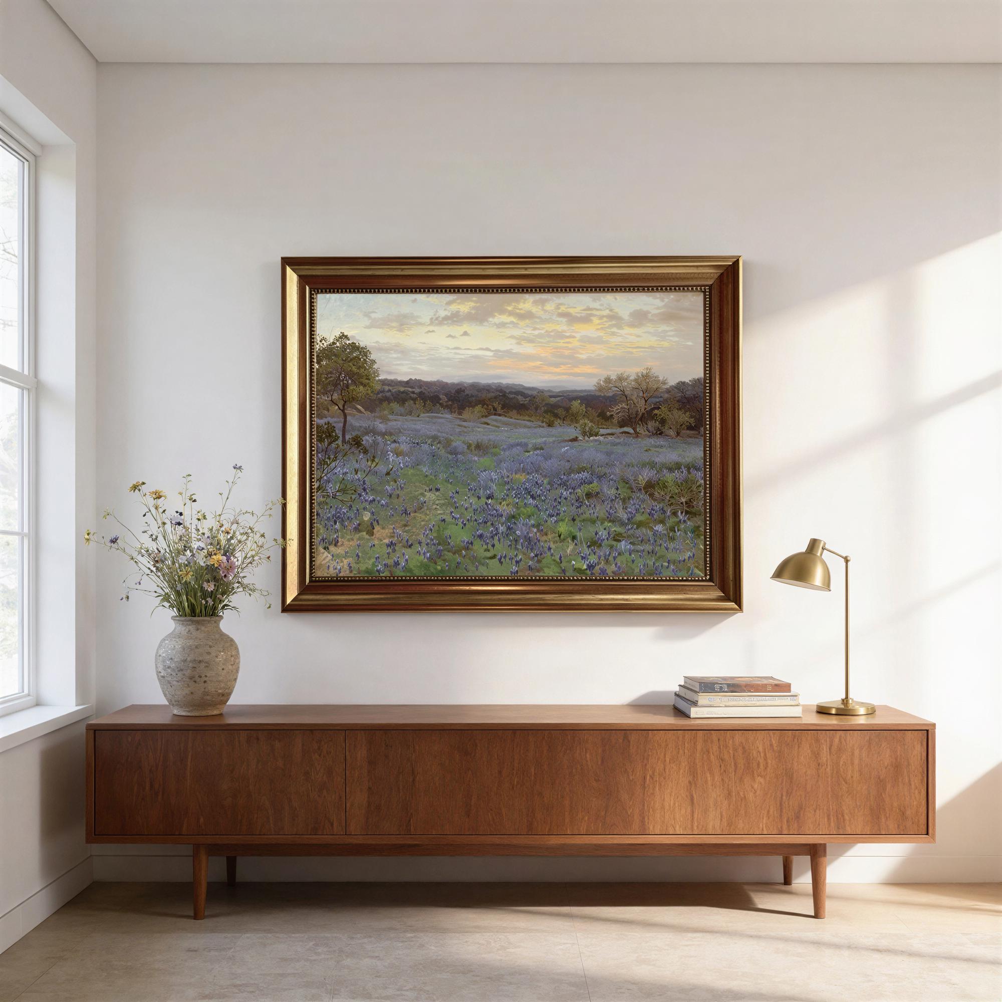 Field of bluebonnets at sunset 3D texture print on Canvas with Vintage Wooden Frame FOSHE ART