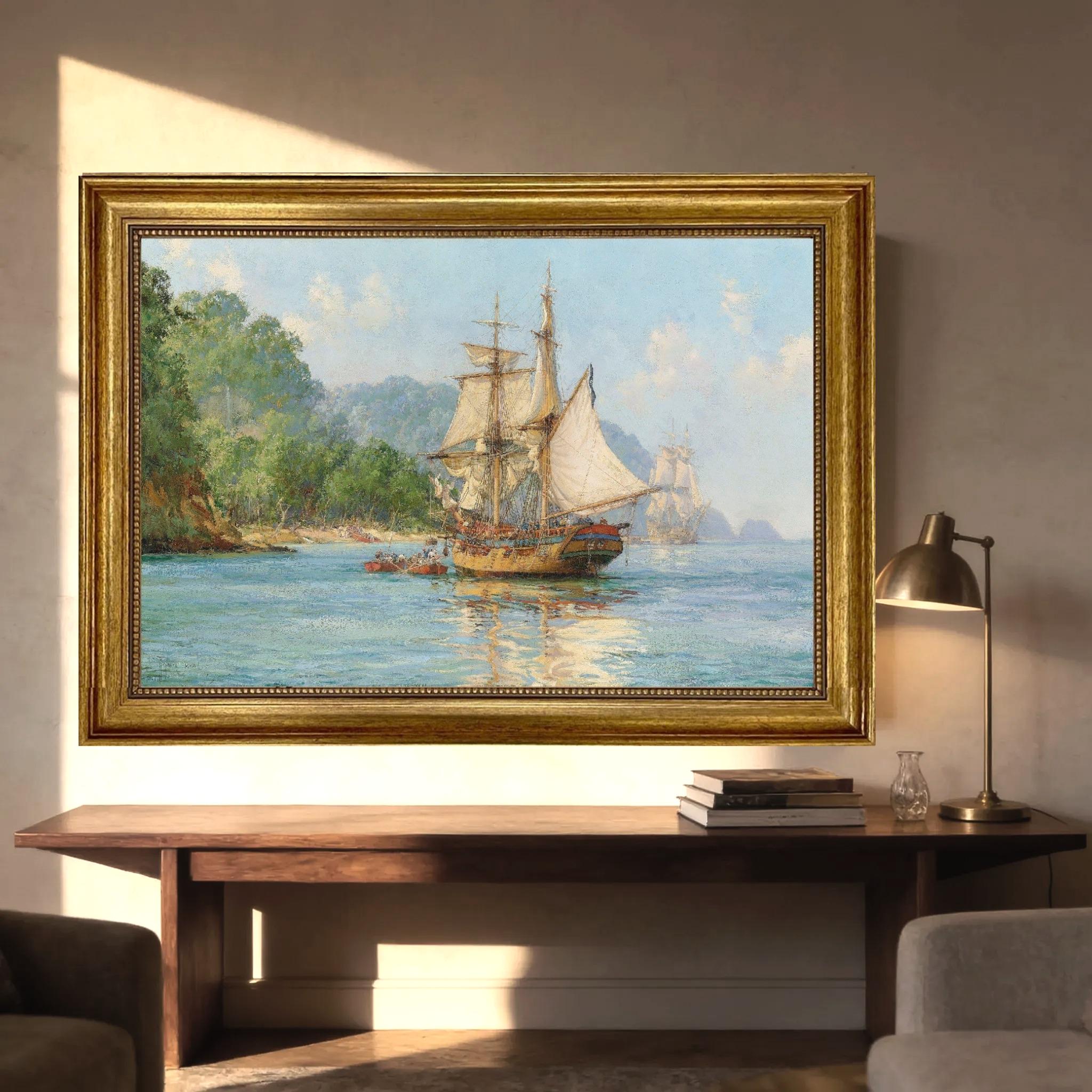 Pirates' Haunt Art Print by Montague Dawson, Cocos Island Nautical Canvas FOSHE ART