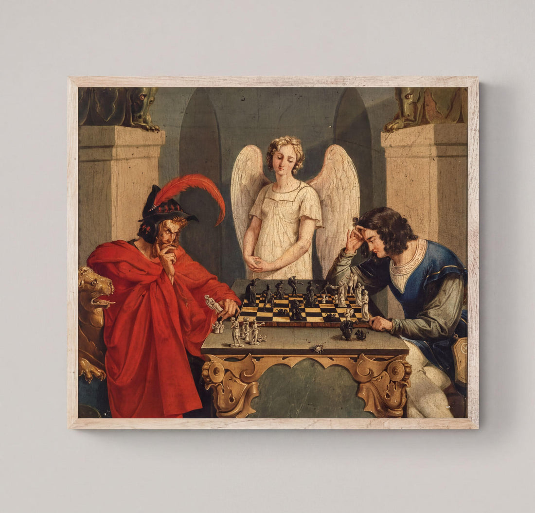 Faust & Mephistopheles Playing Chess Art Print: Moritz Retzsch, Floating Frame and Brush Strokes FOSHE ART