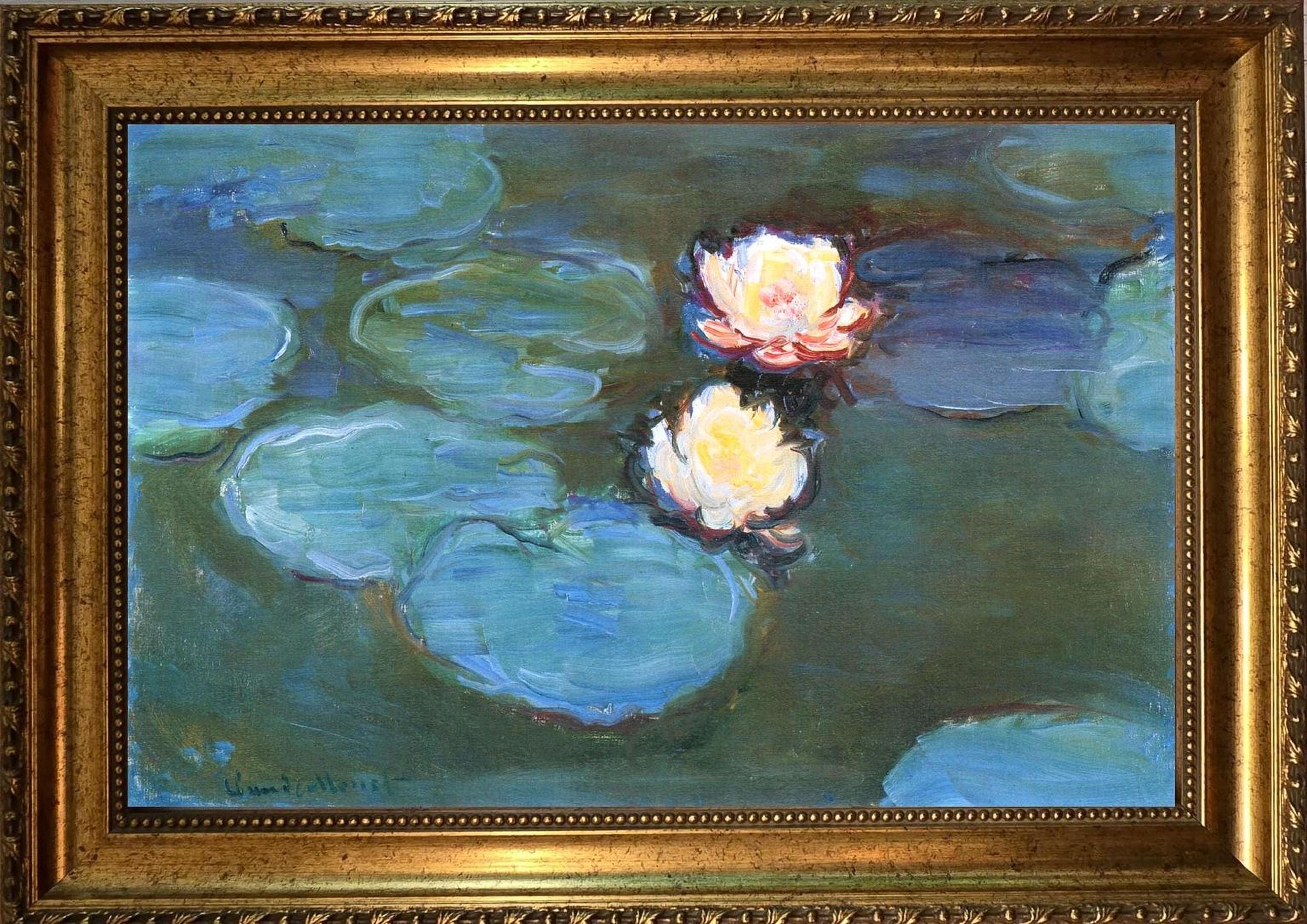 Monet Water Lillie (1897) Canvas Print: Brush Strokes, Golden Vintage Frame FOSHE ART