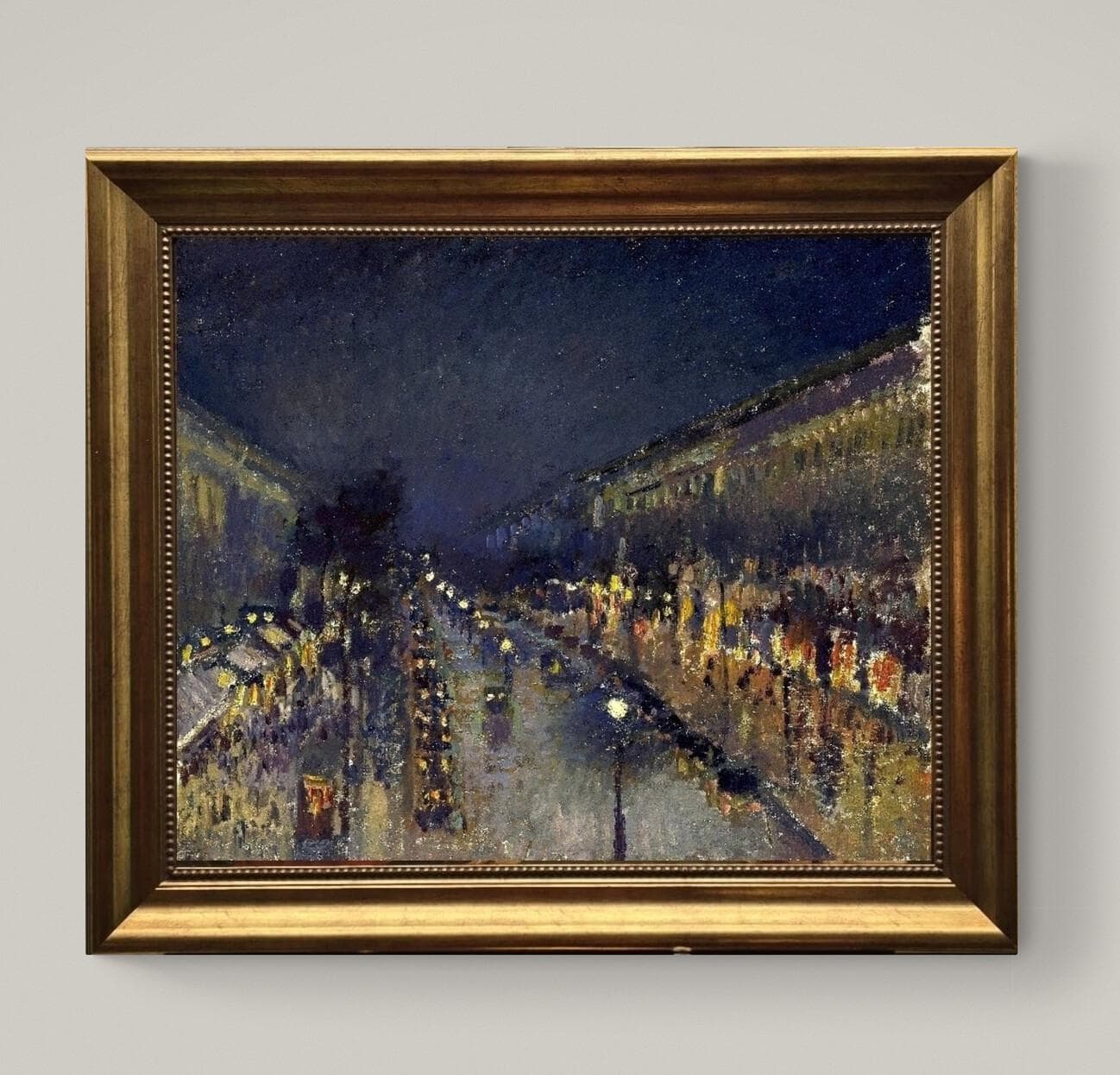 Boulevard Montmartre Wall Art: Pissarro Night Scene Print (Vintage Frame) FOSHE ART