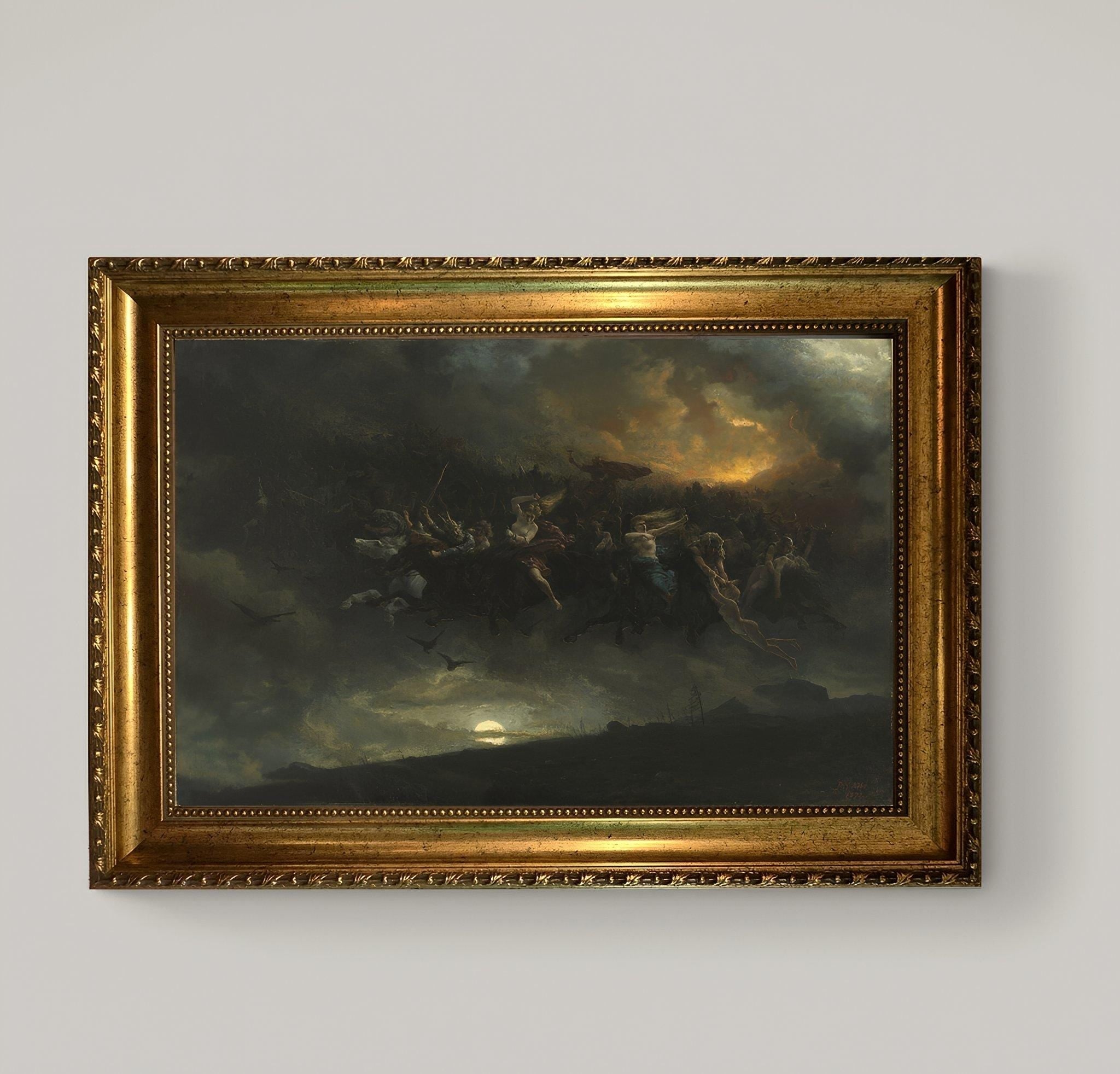 The Wild Hunt of Odin Canvas Print, Vintage Golden Frame, Textured Brushstrokes FOSHE ART