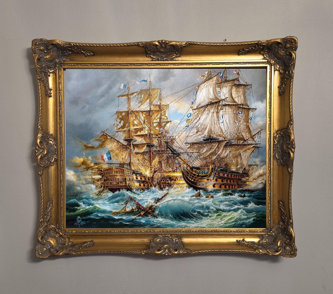 Battle of Trafalgar Canvas, HMS Victory, Tall Ships (Vintage Gold Frame) FOSHE ART