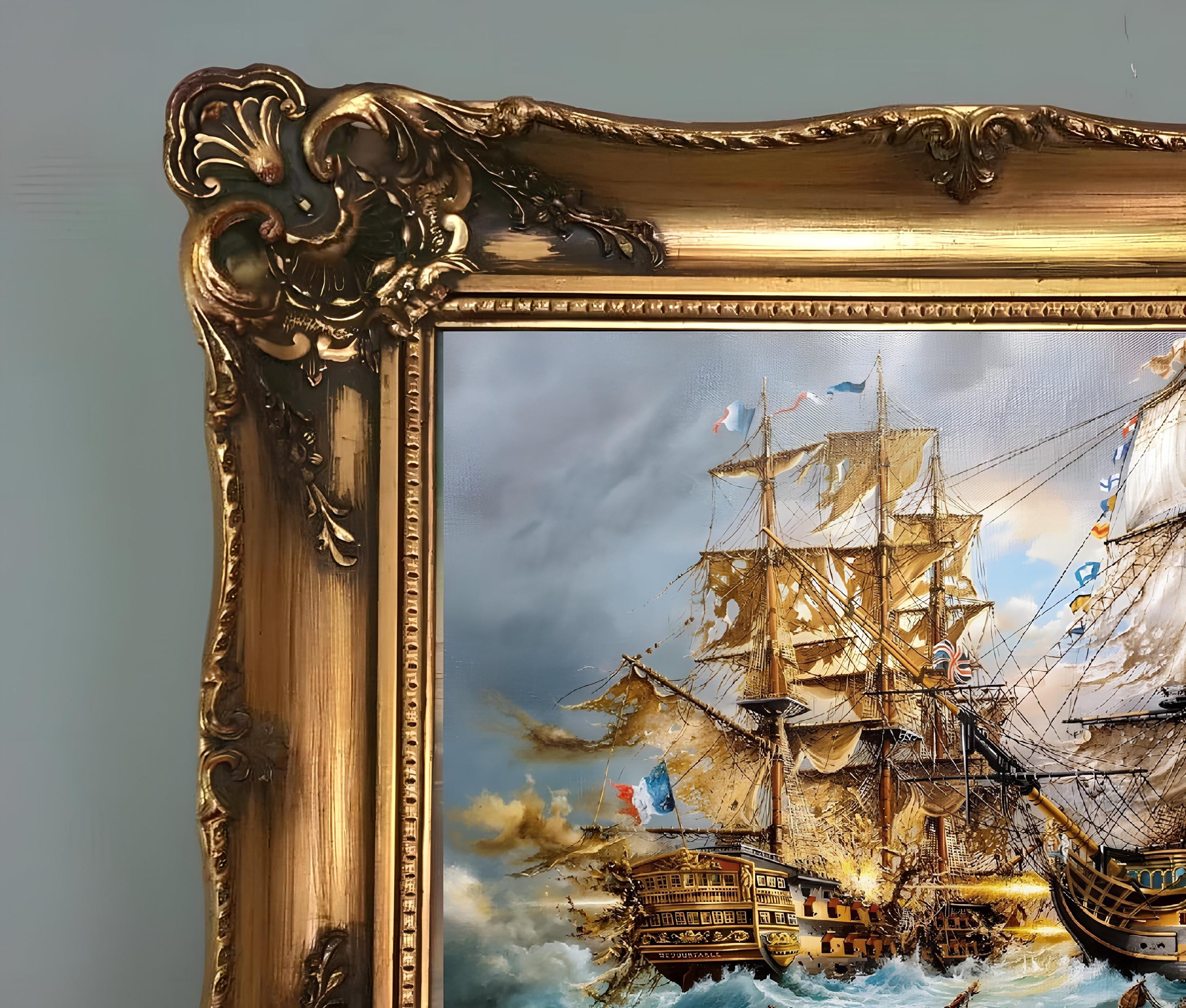 Battle of Trafalgar Canvas, HMS Victory, Tall Ships (Vintage Gold Frame) FOSHE ART