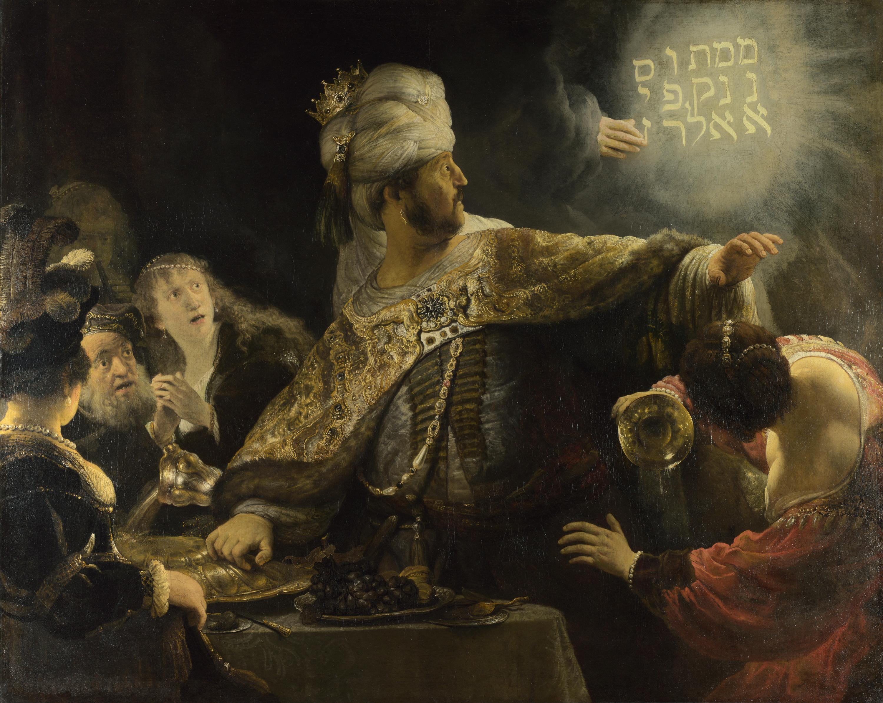 Rembrandt Belshazzar Fest Art Print, Vintage Golden Frame and Brush Strokes FOSHE ART