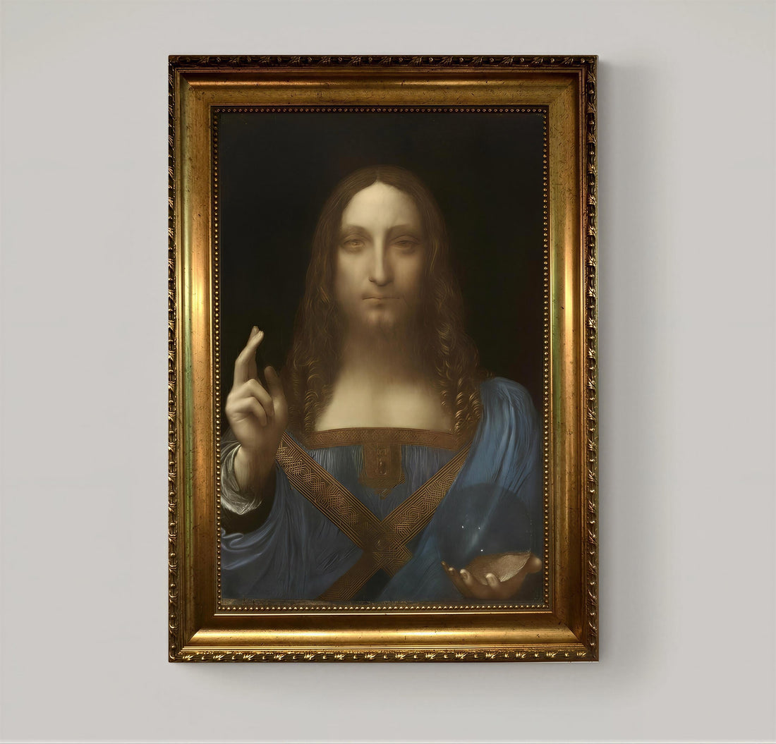 Salvator Mundi Painting Print: Religious Canvas Art (Framed, Hand-Brushed) FOSHE ART