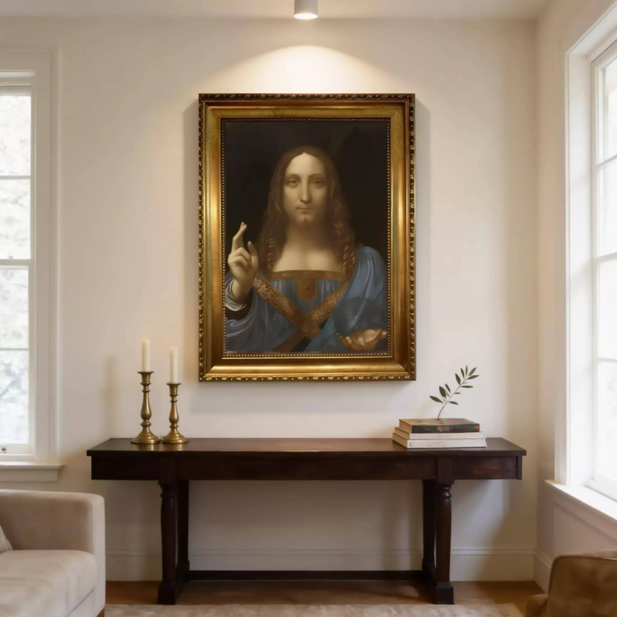 Salvator Mundi Painting Print: Religious Canvas Art (Framed, Hand-Brushed) FOSHE ART