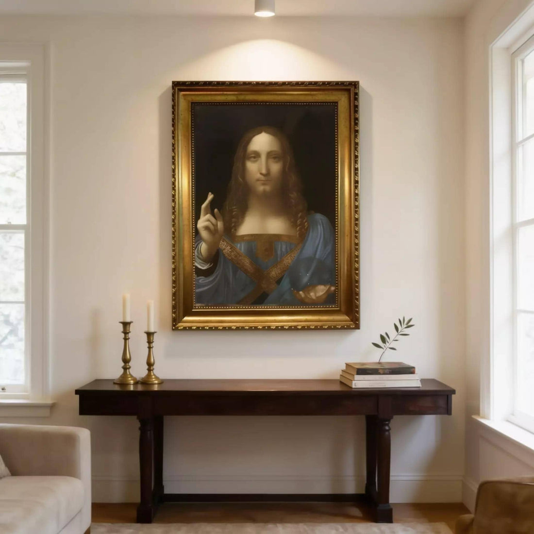 Salvator Mundi Painting Print: Religious Canvas Art (Framed, Hand-Brushed) FOSHE ART