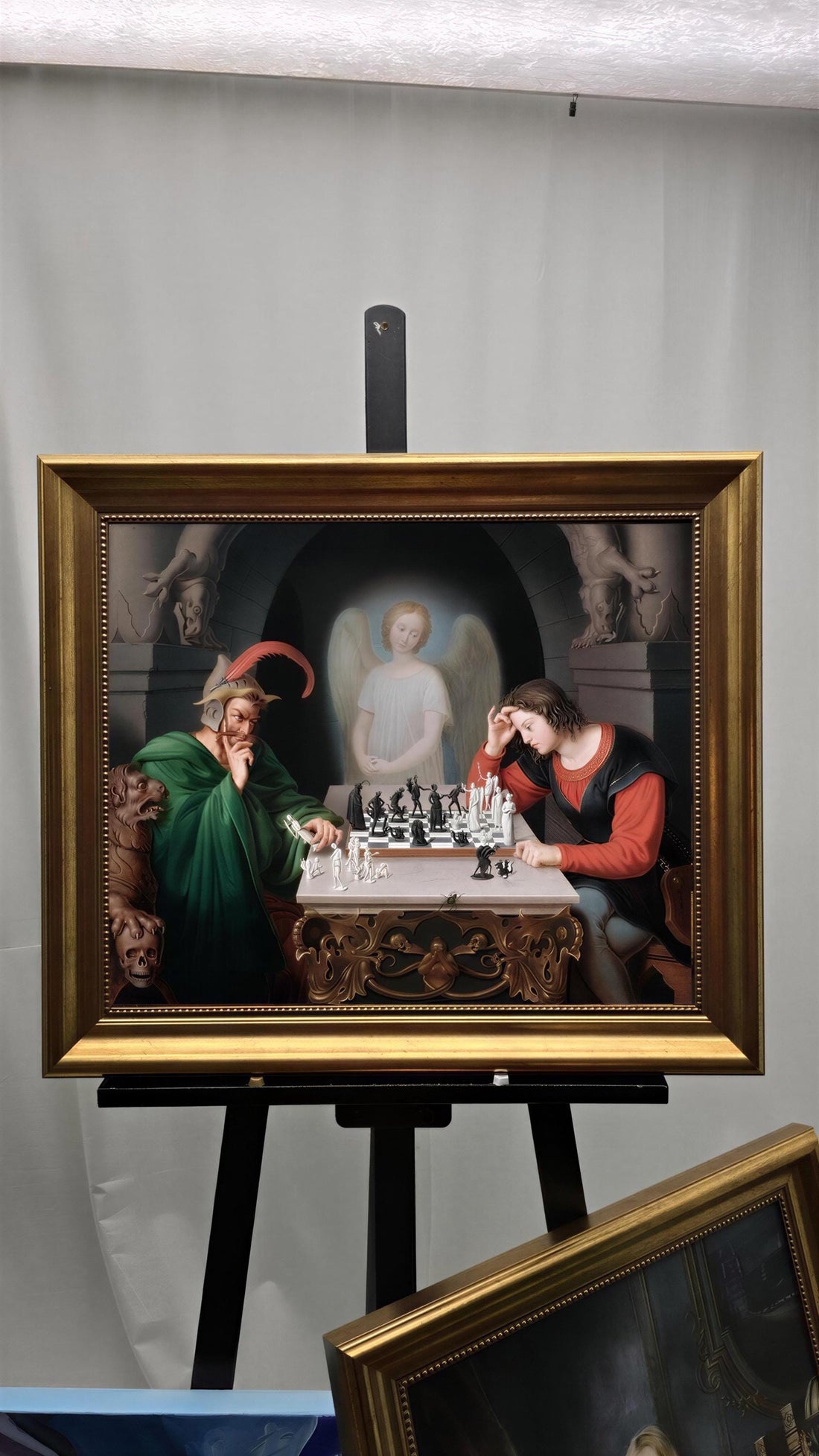 Checkmate painting by Moritz Retzsch (1831), Canvas Print with Brush Strokes, Vintage Golden Frame FOSHE ART