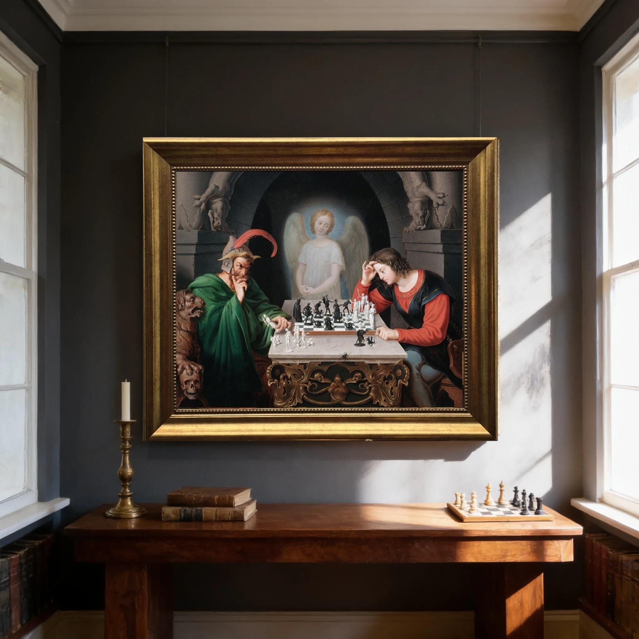 Checkmate painting by Moritz Retzsch (1831), Canvas Print with Brush Strokes, Vintage Golden Frame FOSHE ART
