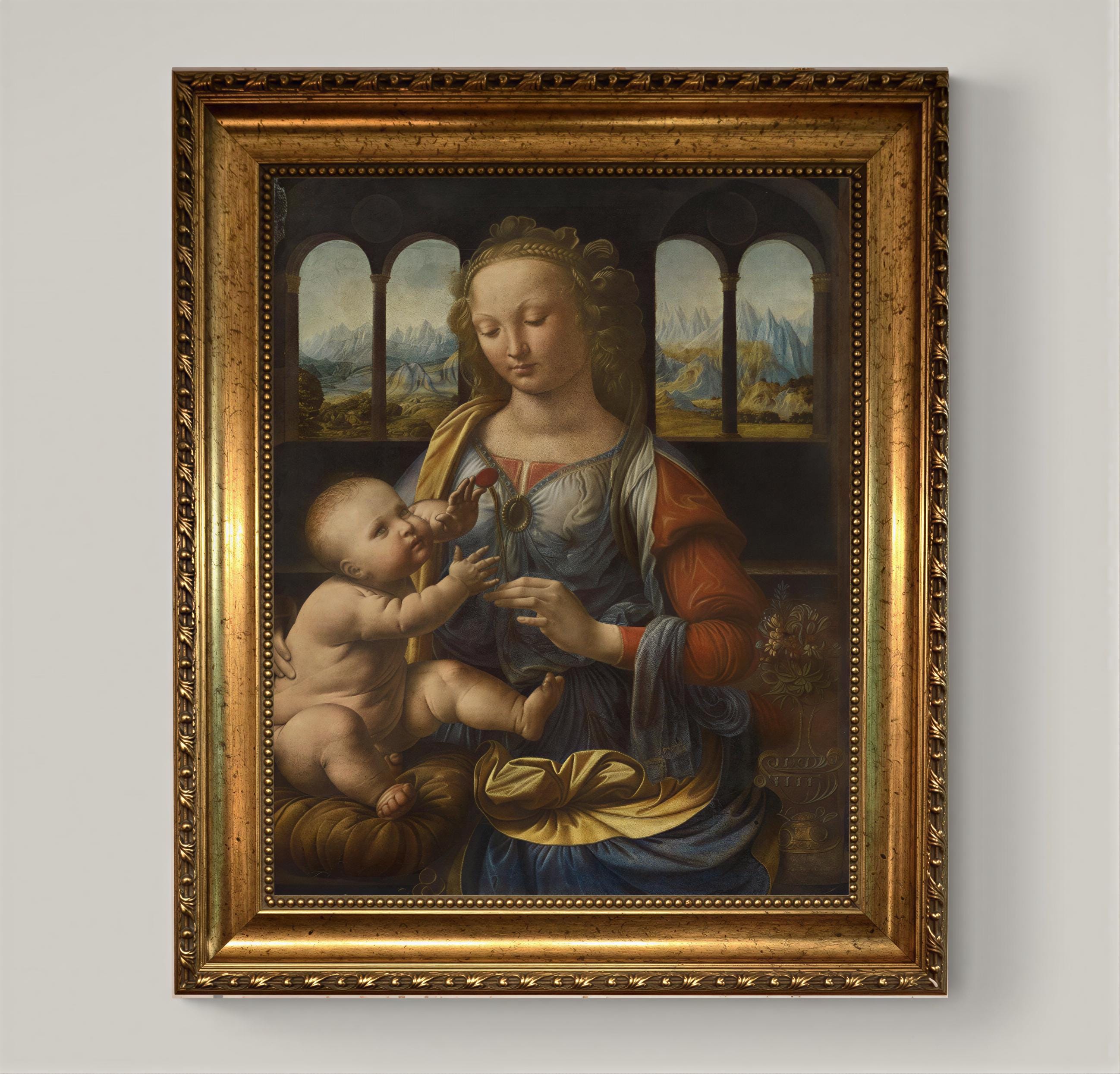 Madonna of the Carnation Painting Print: Religious Canvas Art (Framed, Hand-Brushed) FOSHE ART