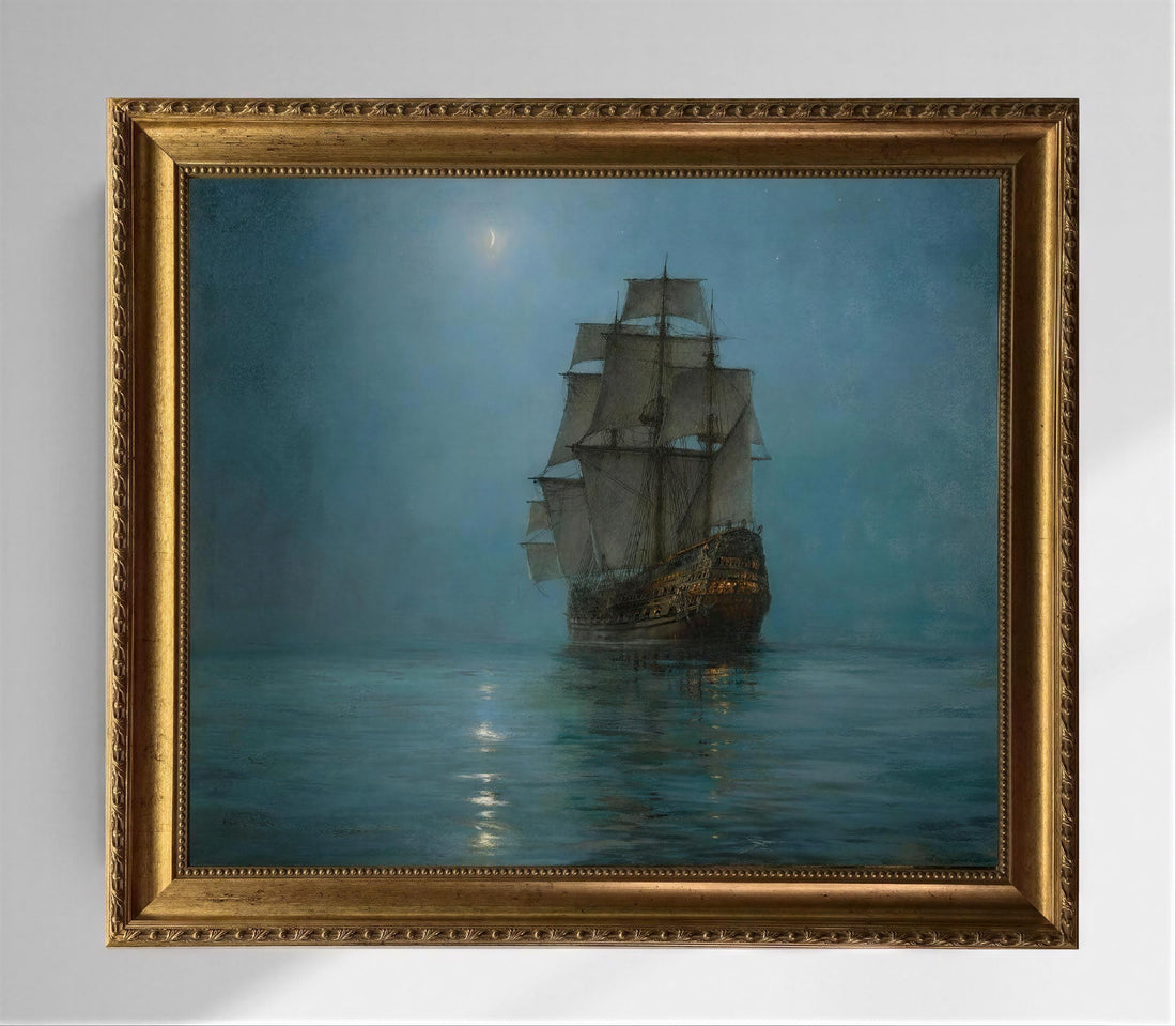 Montague Dawson Ship Painting: Crescent Moon Canvas Print with Vintage Gold Frame FOSHE ART