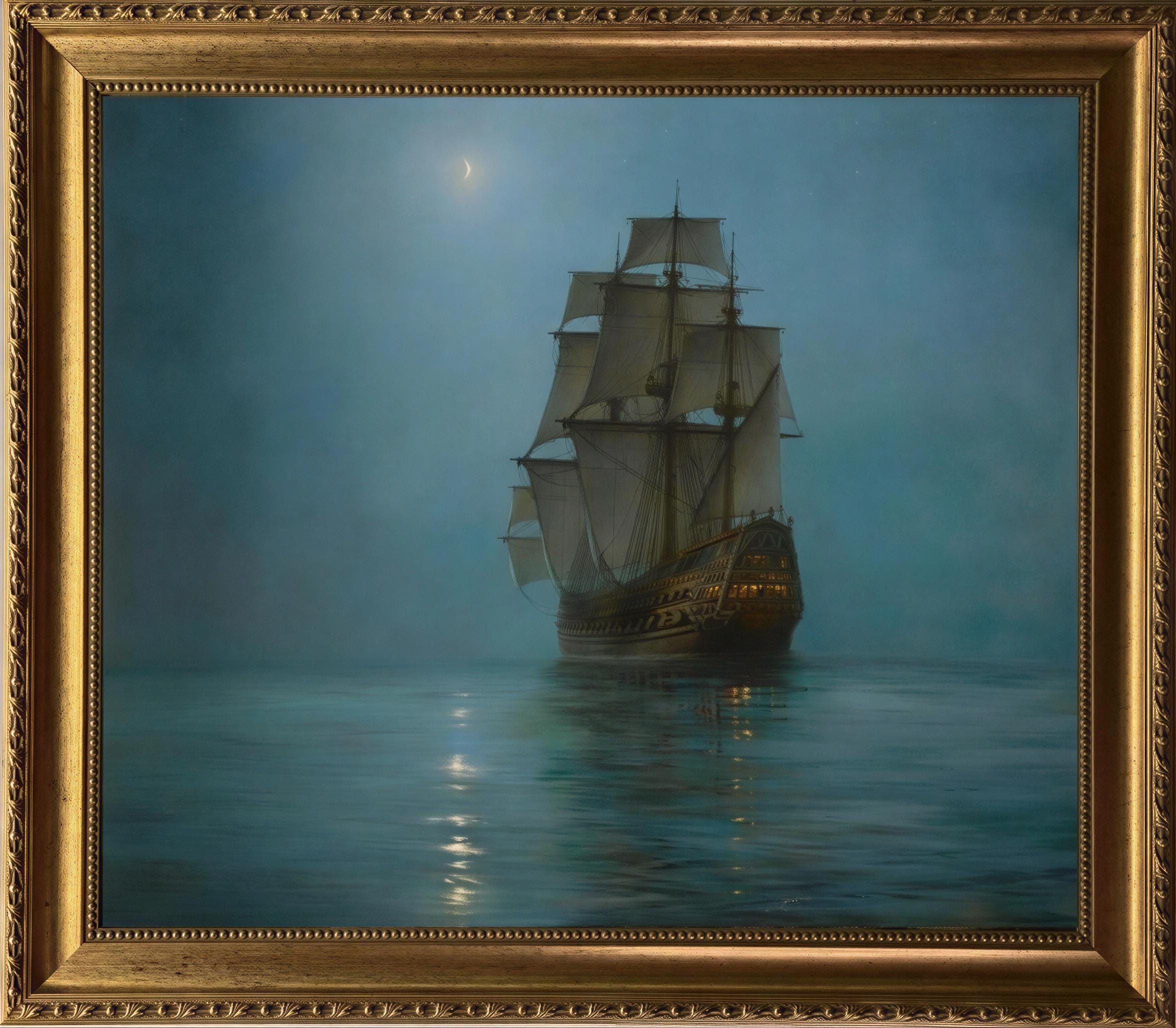 Montague Dawson Ship Painting: Crescent Moon Canvas Print with Vintage Gold Frame FOSHE ART