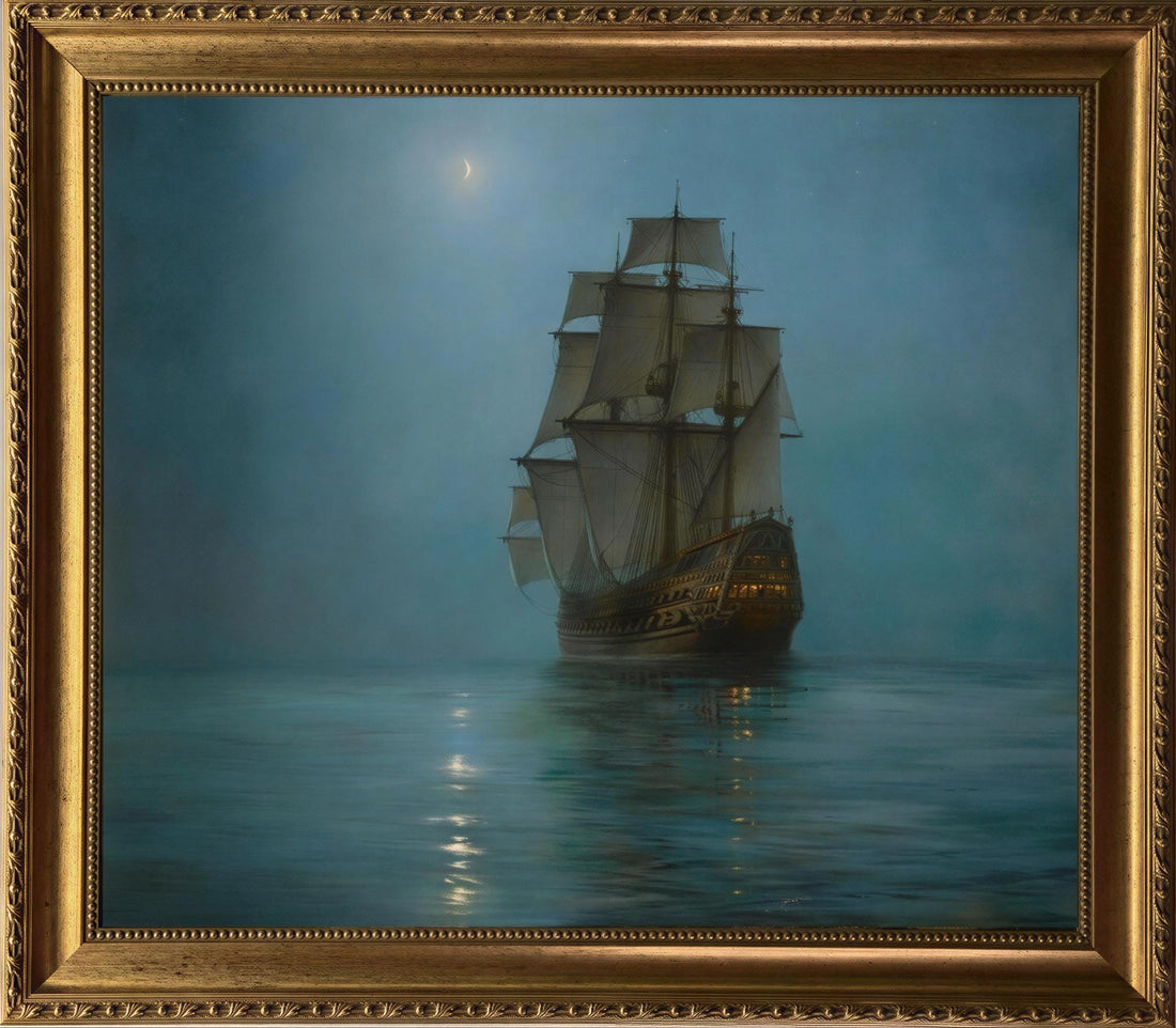 Montague Dawson Ship Painting: Crescent Moon Canvas Print with Vintage Gold Frame FOSHE ART
