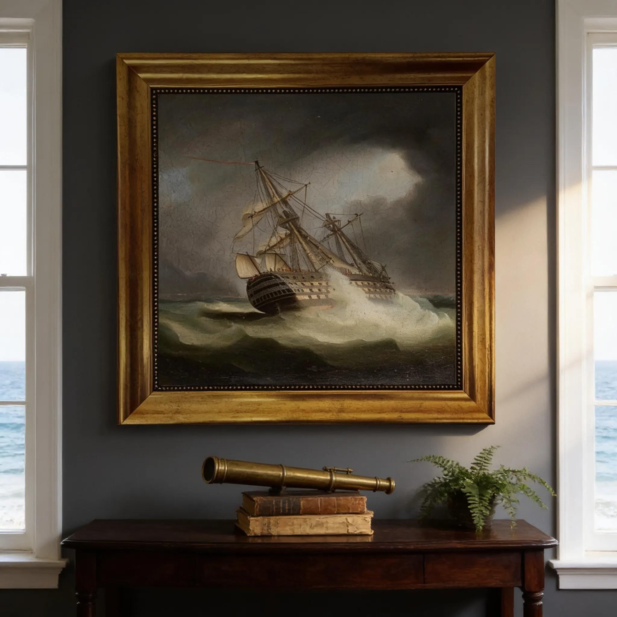 HMS Victory Canvas Print, James Buttersworth Reproduction, Golden Wooden Frame FOSHE ART