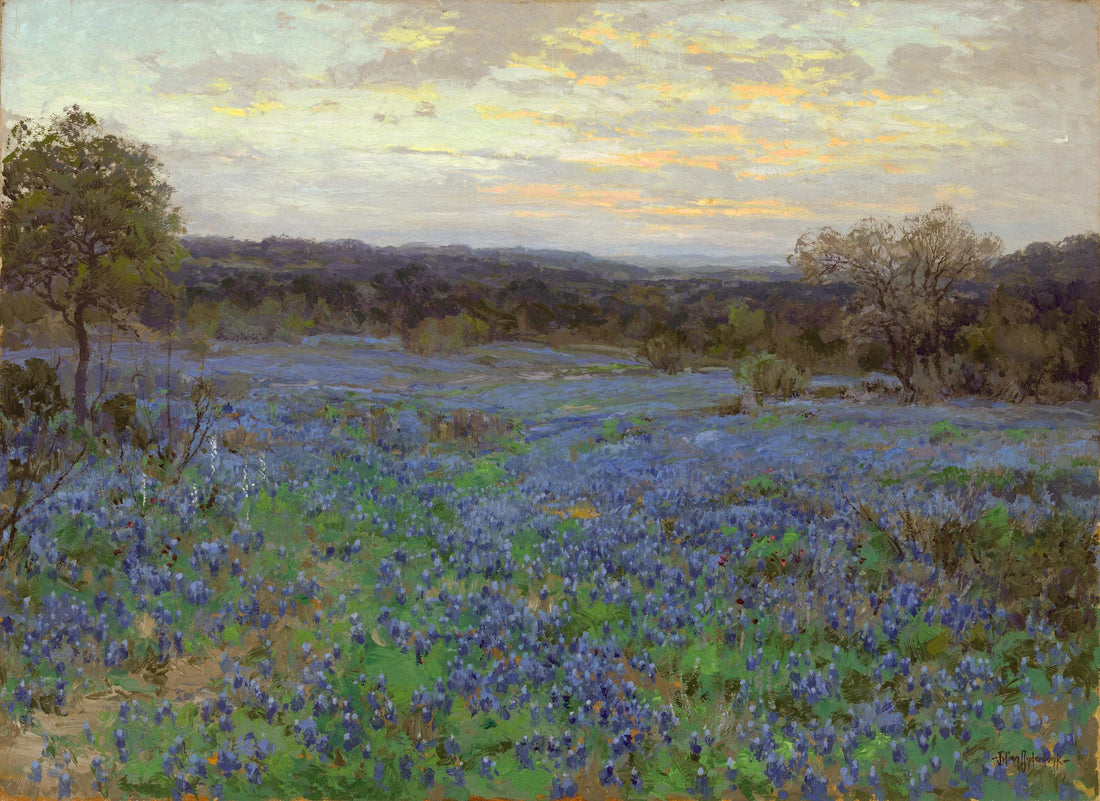 Field of bluebonnets at sunset 3D texture print on Canvas with Vintage Wooden Frame FOSHE ART