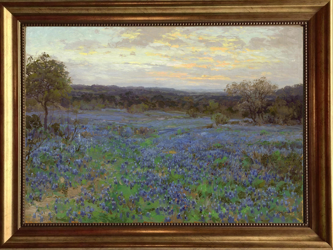 Field of bluebonnets at sunset 3D texture print on Canvas with Vintage Wooden Frame FOSHE ART