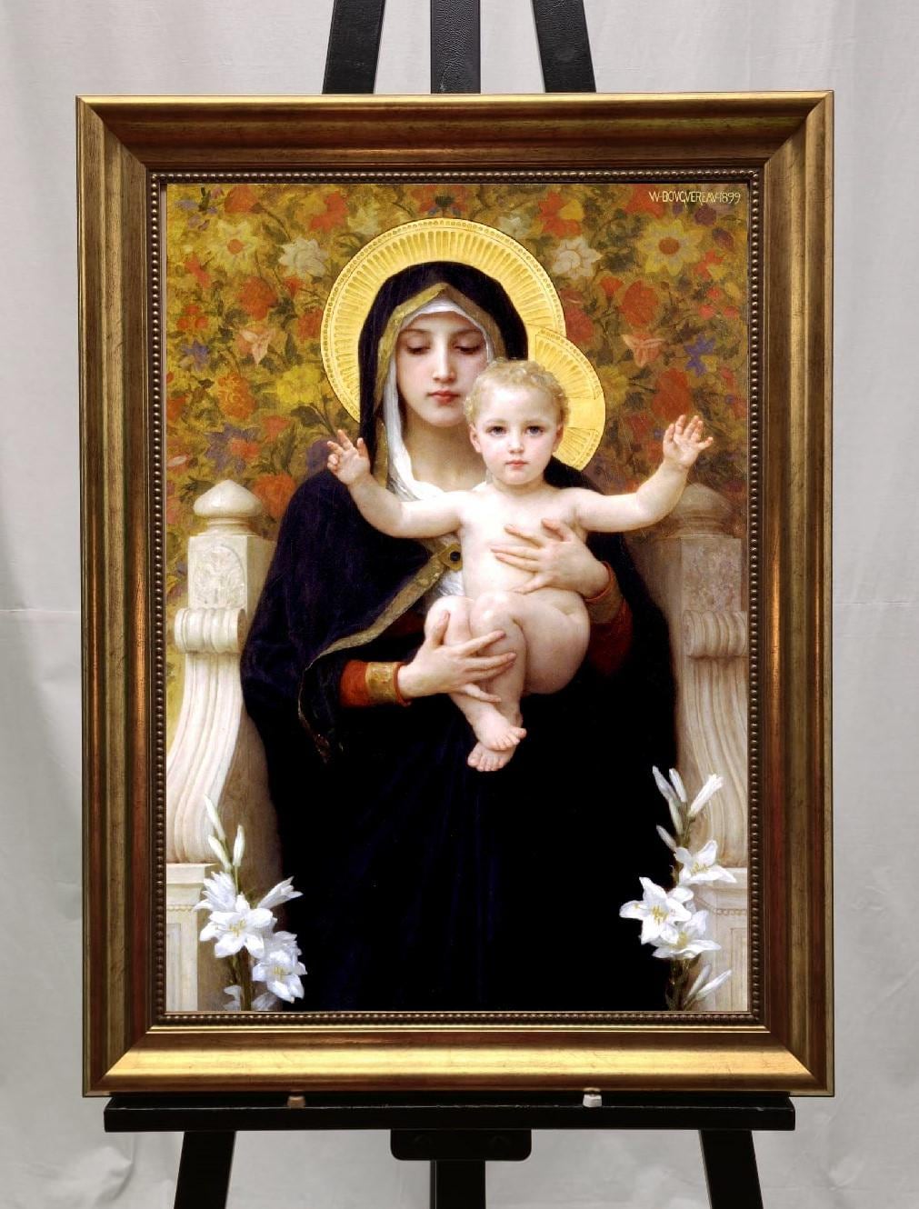 Madonna of the Lilies Canvas Print with Brush Stroke Texture, Vintage Golden Frame FOSHE ART